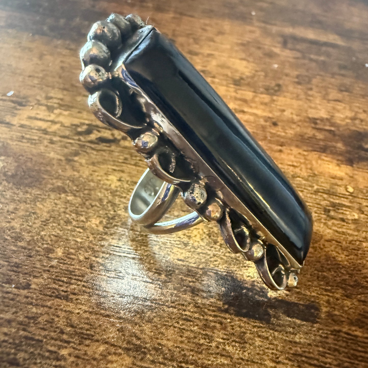 Native American Black Onyx Sterling Silver Cuff Ring Size 9.5, Artist Cleveland