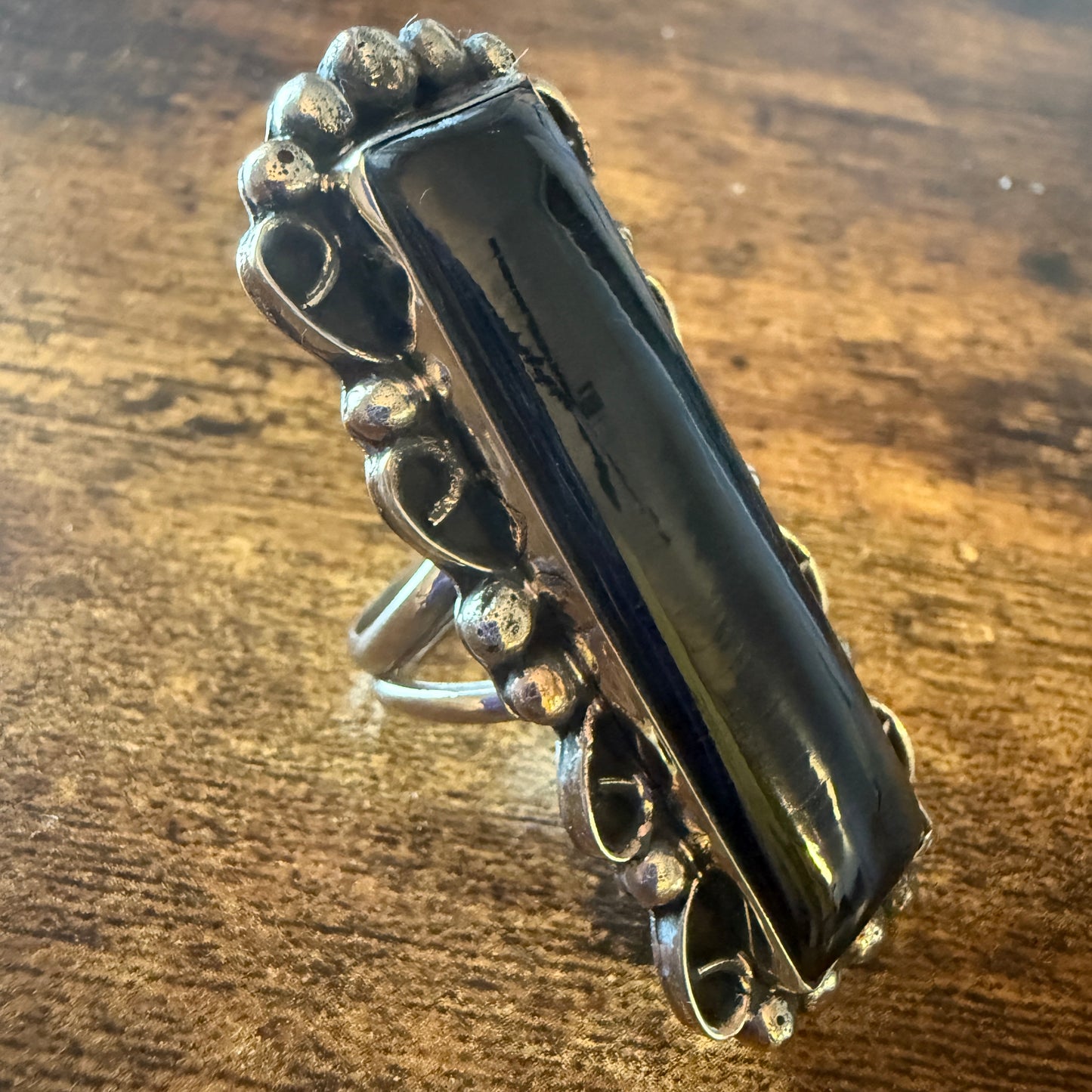 Native American Black Onyx Sterling Silver Cuff Ring Size 9.5, Artist Cleveland