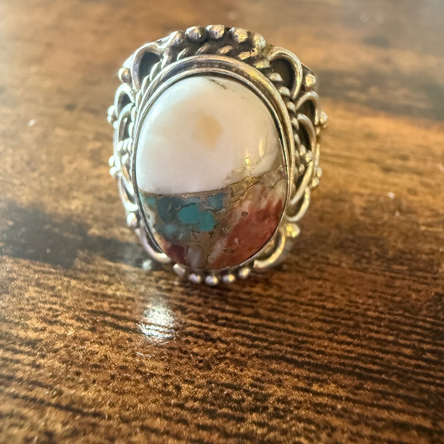 Natural Oyster Turquoise Gemstone Sterling Silver Cuff Ring Size 8