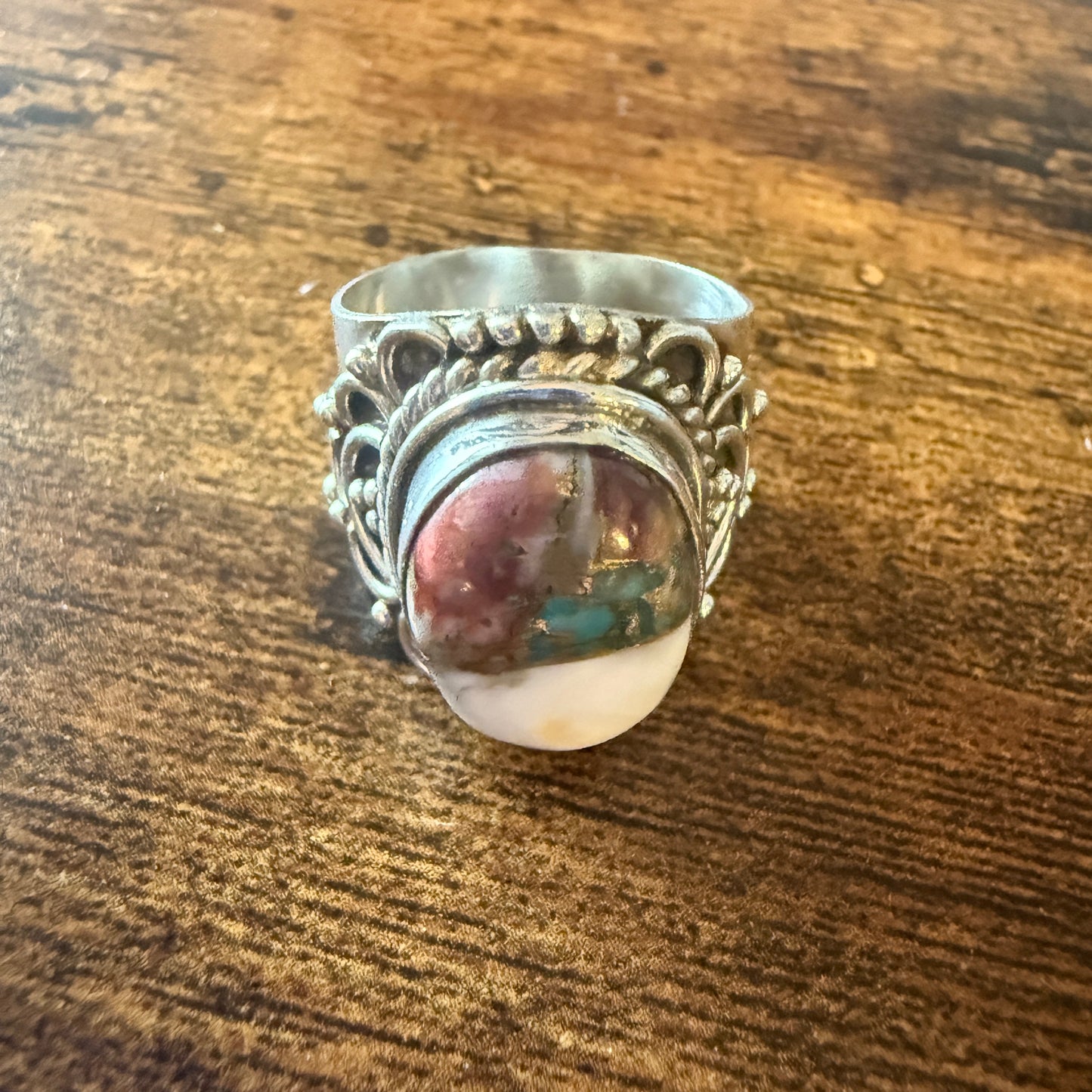 Natural Oyster Turquoise Gemstone Sterling Silver Cuff Ring Size 8