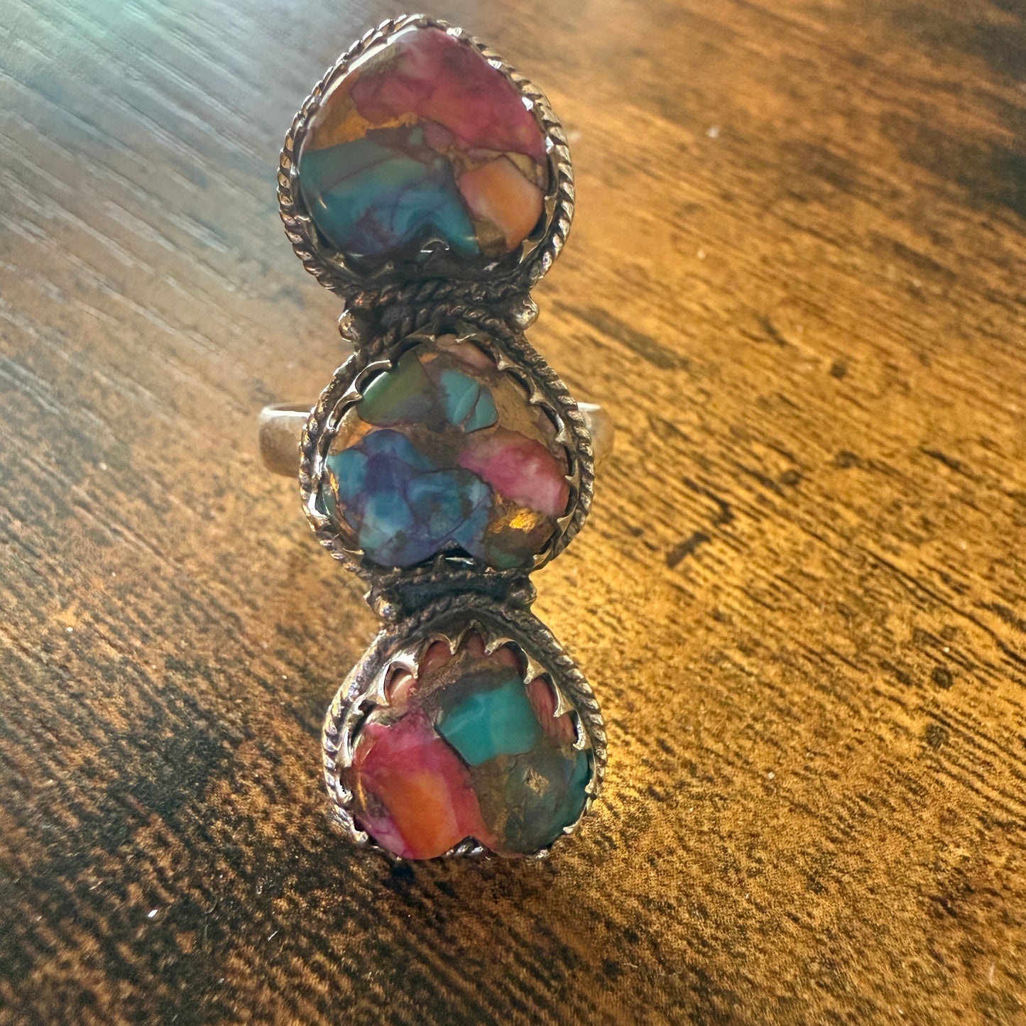 Pink Copper Turquoise Gemstone Cuff Ring In Sterling Silver Handmade Size 10