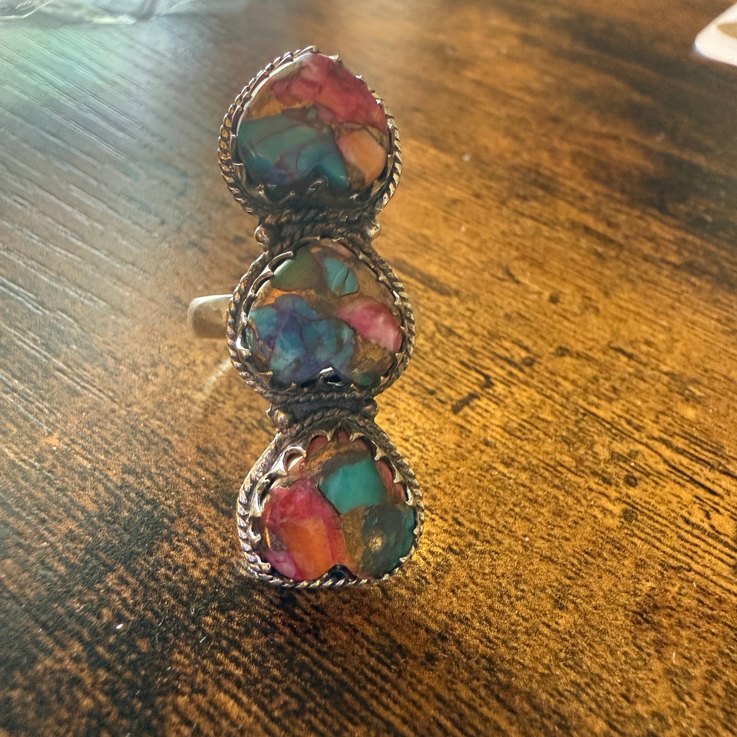 Pink Copper Turquoise Gemstone Cuff Ring In Sterling Silver Handmade Size 10
