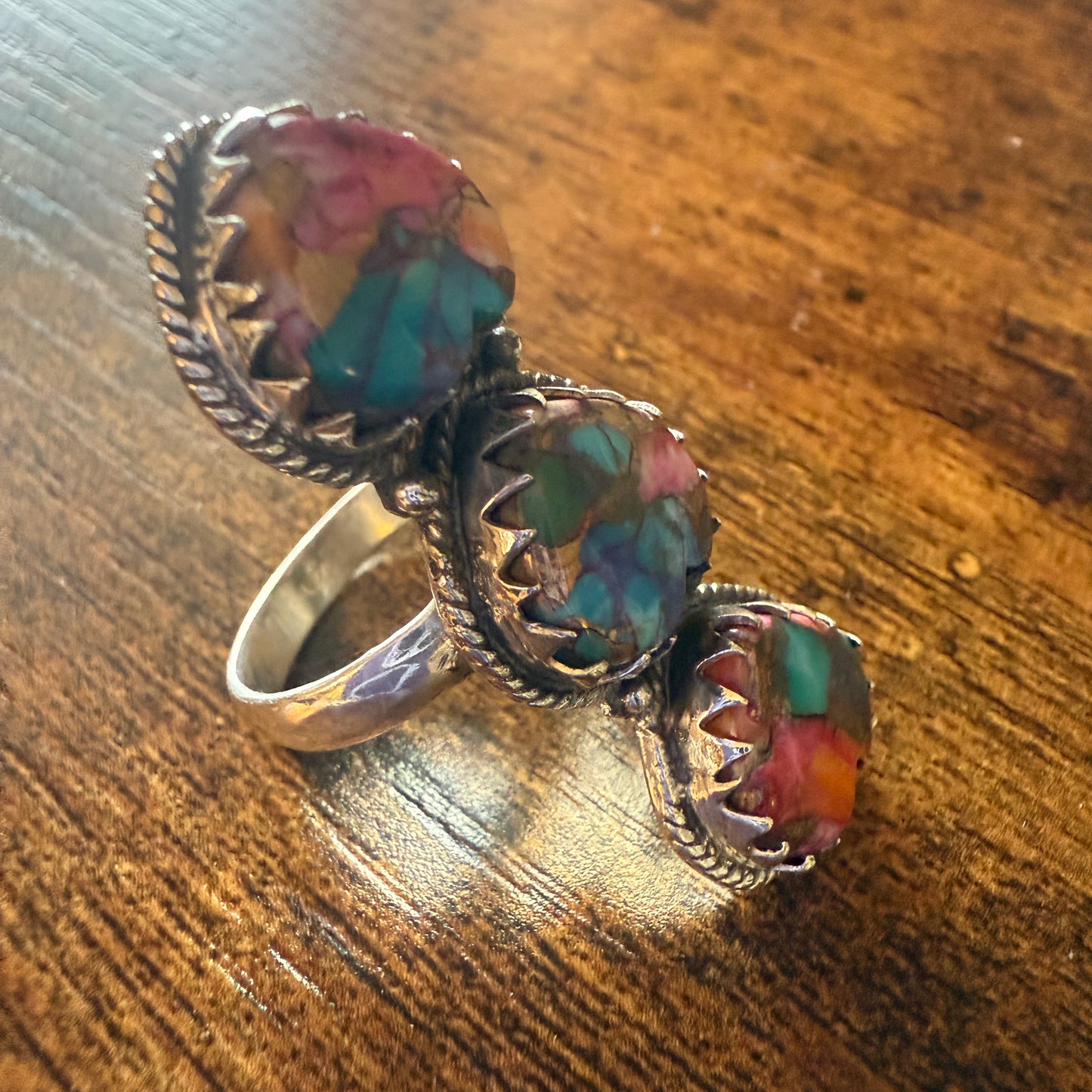 Pink Copper Turquoise Gemstone Cuff Ring In Sterling Silver Handmade Size 10
