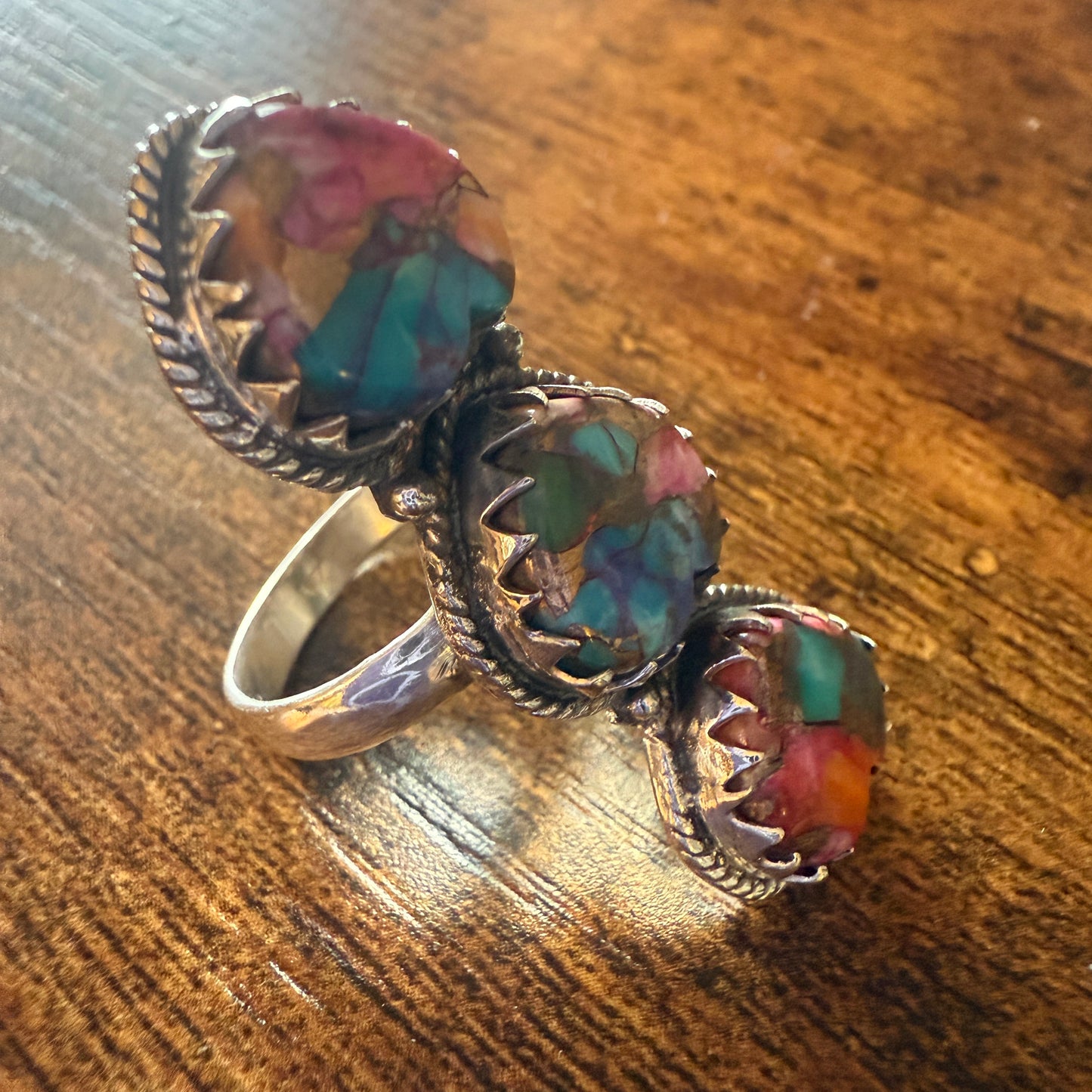 Pink Copper Turquoise Gemstone Cuff Ring In Sterling Silver Handmade Size 10