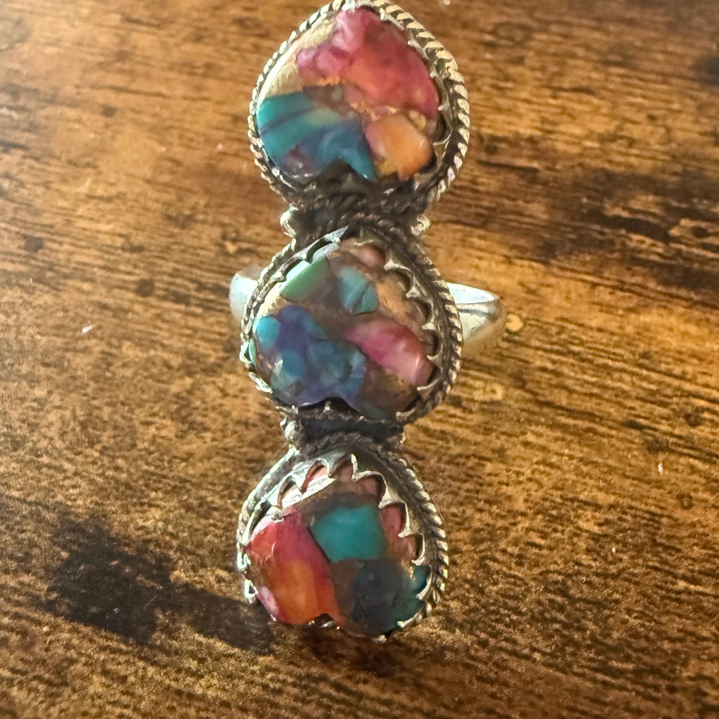 Pink Copper Turquoise Gemstone Cuff Ring In Sterling Silver Handmade Size 10