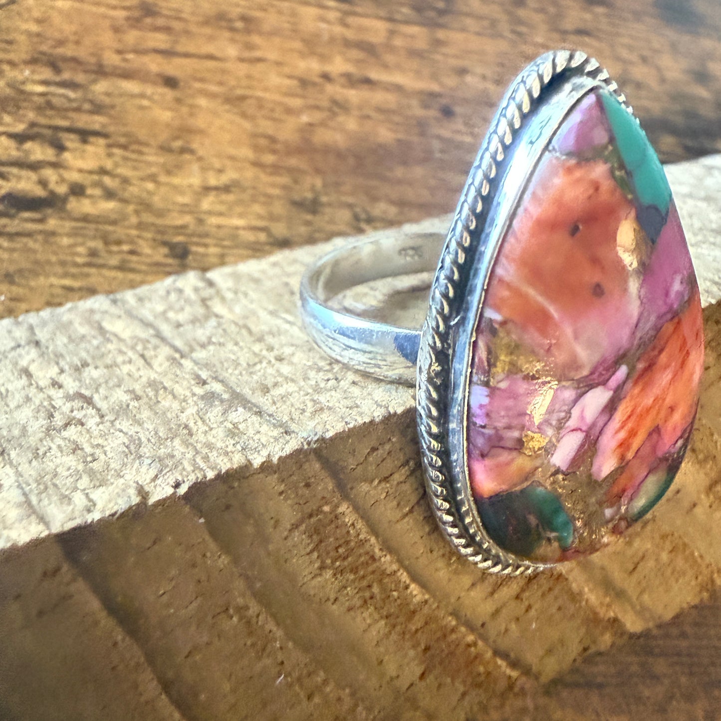 Pink Oyster Turquoise Gemstone Ring 925 Sterling Silver Handmade Size 8