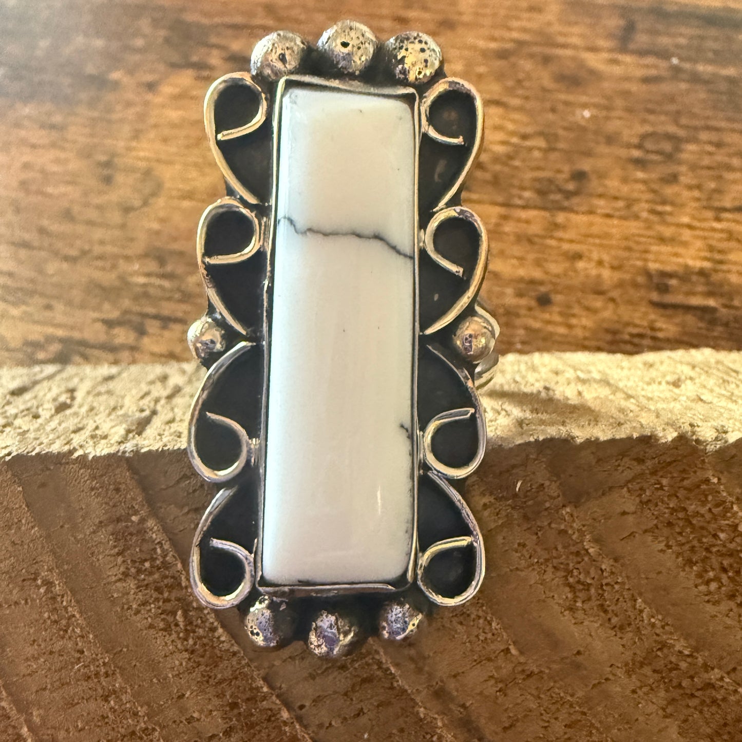 Native American Nickel Silver Howlite Cuff Ring Size 9.5, Signed Cleveland