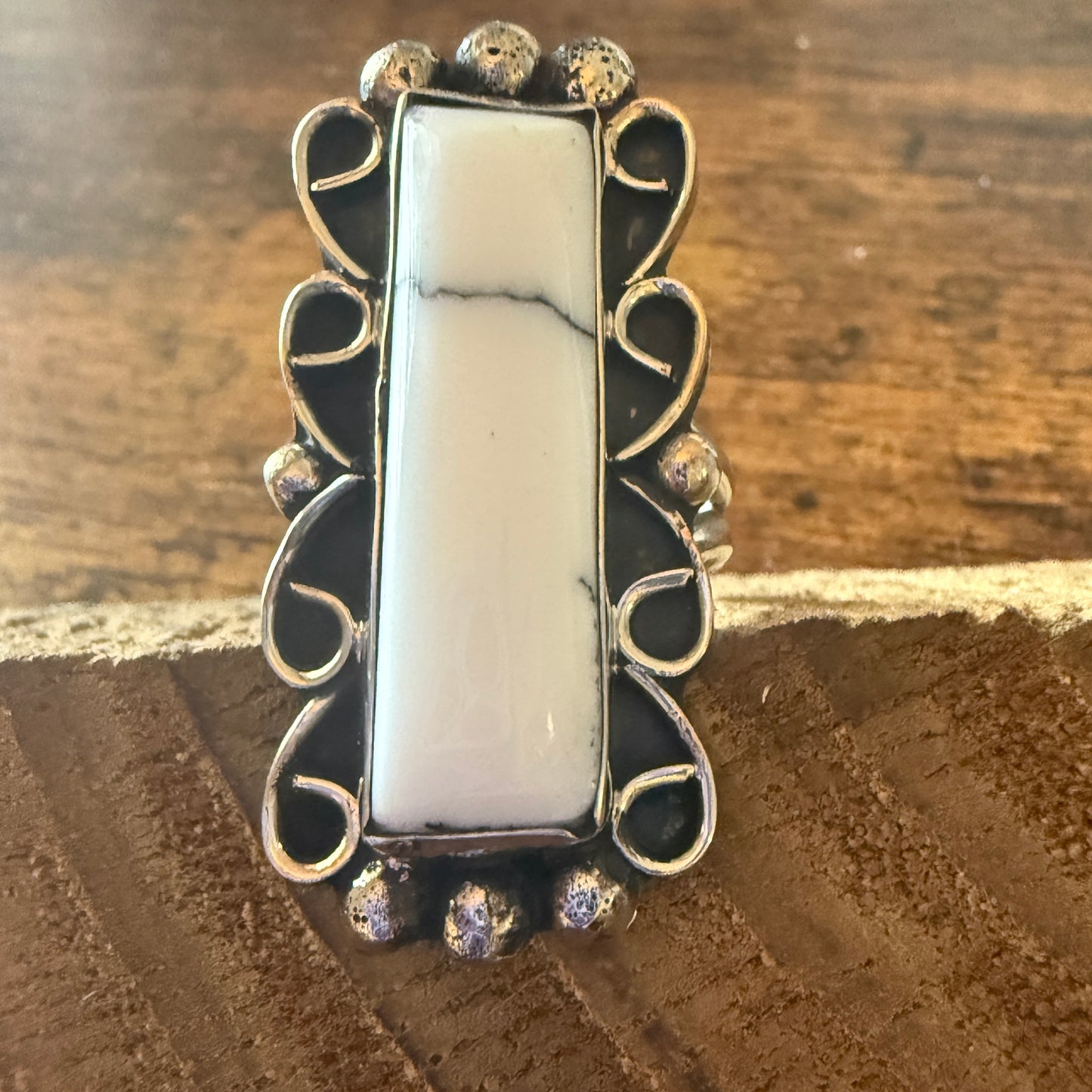 Native American Nickel Silver Howlite Cuff Ring Size 9.5, Signed Cleveland