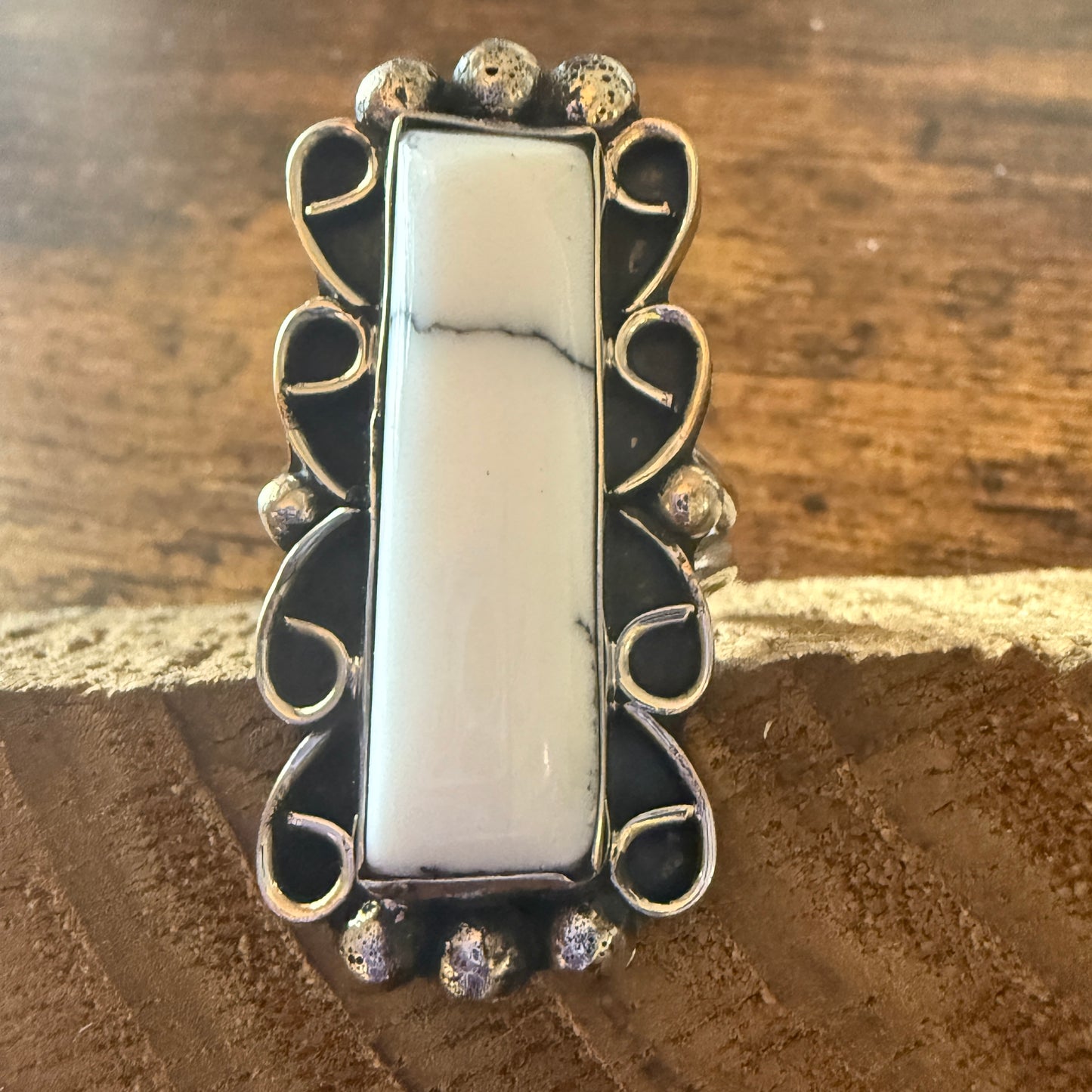 Native American Nickel Silver Howlite Cuff Ring Size 9.5, Signed Cleveland