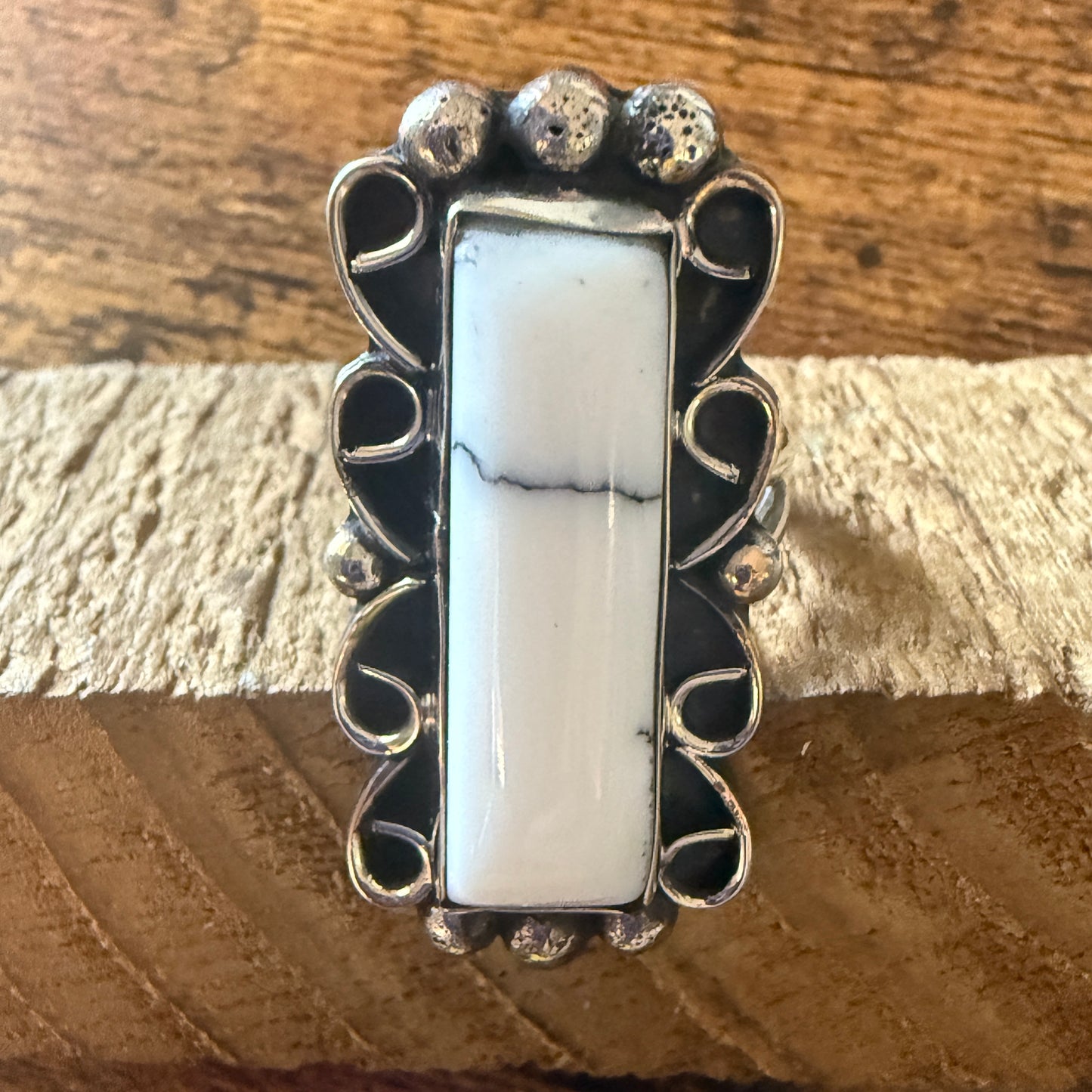 Native American Nickel Silver Howlite Cuff Ring Size 9.5, Signed Cleveland