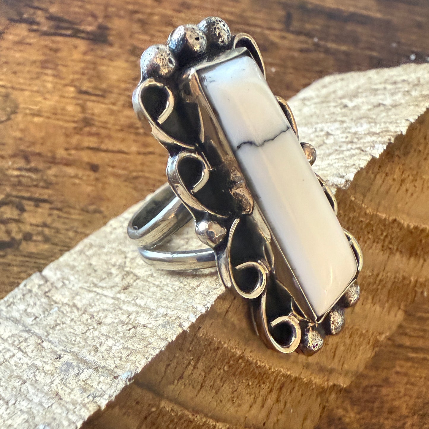 Native American Nickel Silver Howlite Cuff Ring Size 9.5, Signed Cleveland