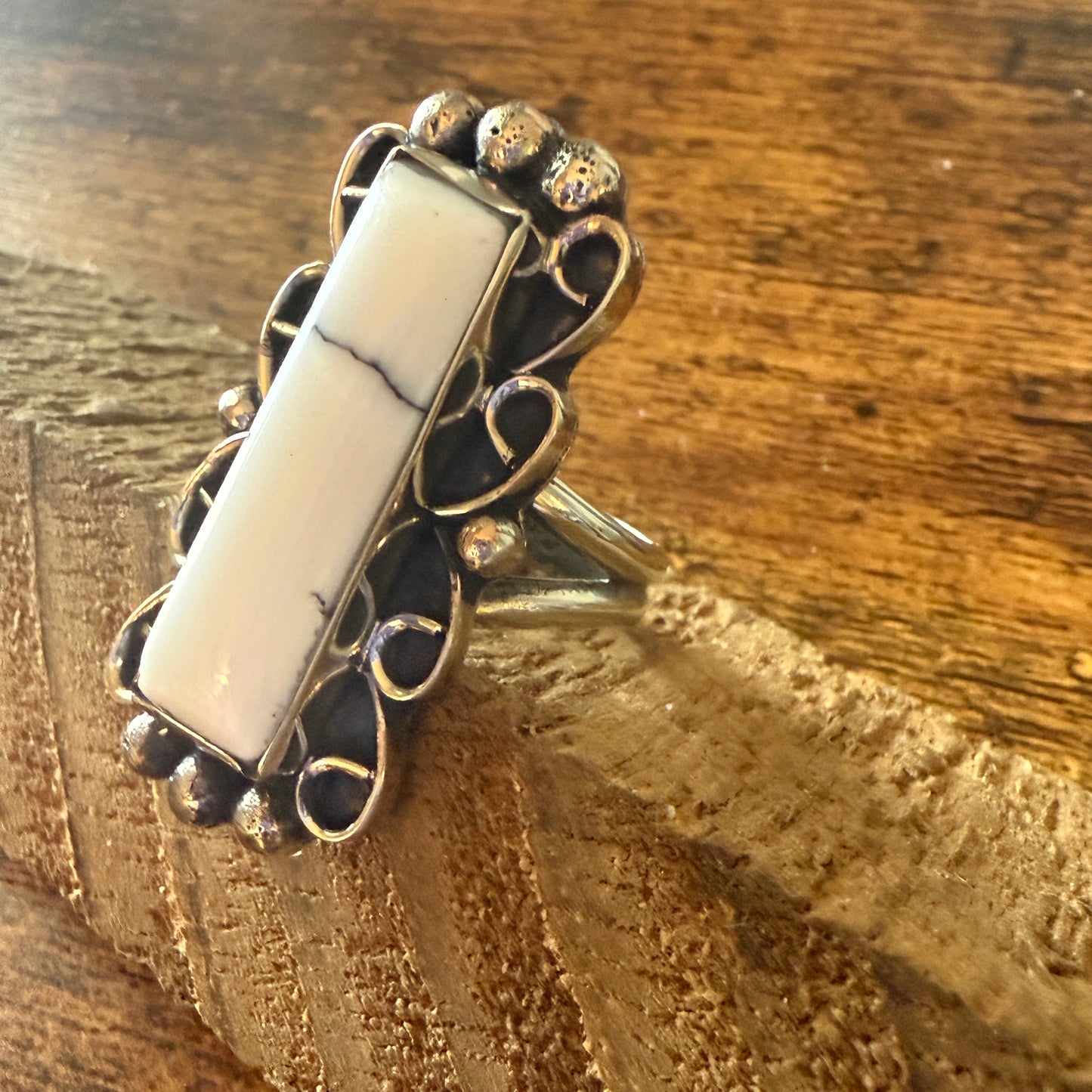 Native American Nickel Silver Howlite Cuff Ring Size 9.5, Signed Cleveland