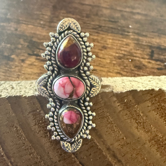 Rose Dahlia Turquoise 3 Stone Ring 925 Sterling Silver Adjustable