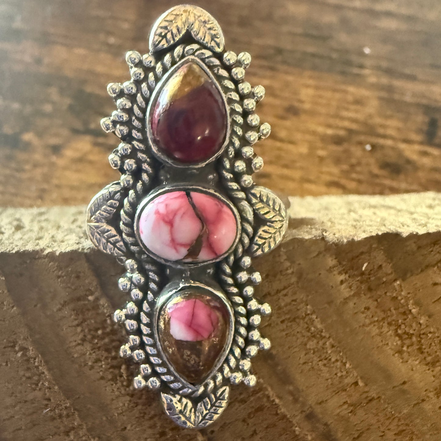 Rose Dahlia Turquoise 3 Stone Ring 925 Sterling Silver Adjustable