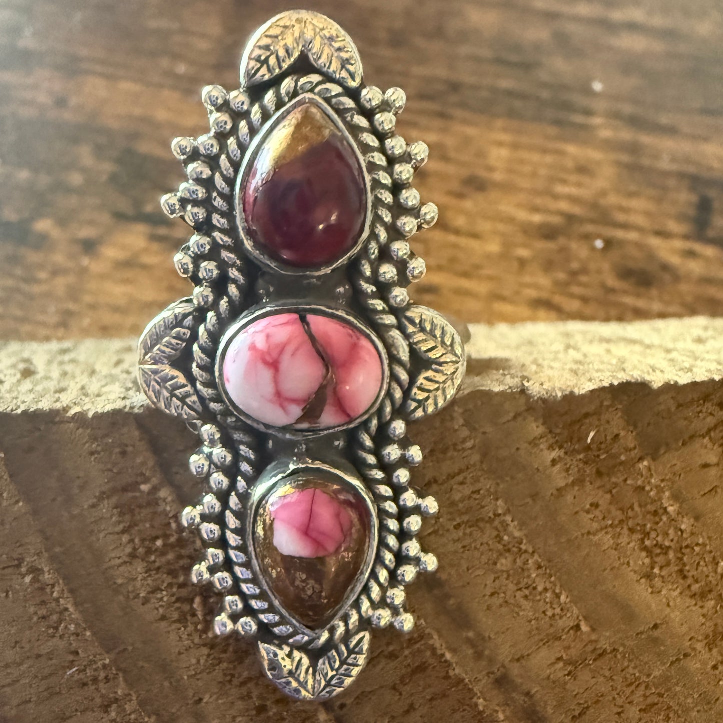 Rose Dahlia Turquoise 3 Stone Ring 925 Sterling Silver Adjustable