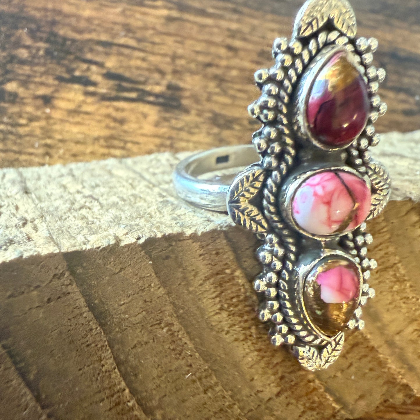 Rose Dahlia Turquoise 3 Stone Ring 925 Sterling Silver Adjustable