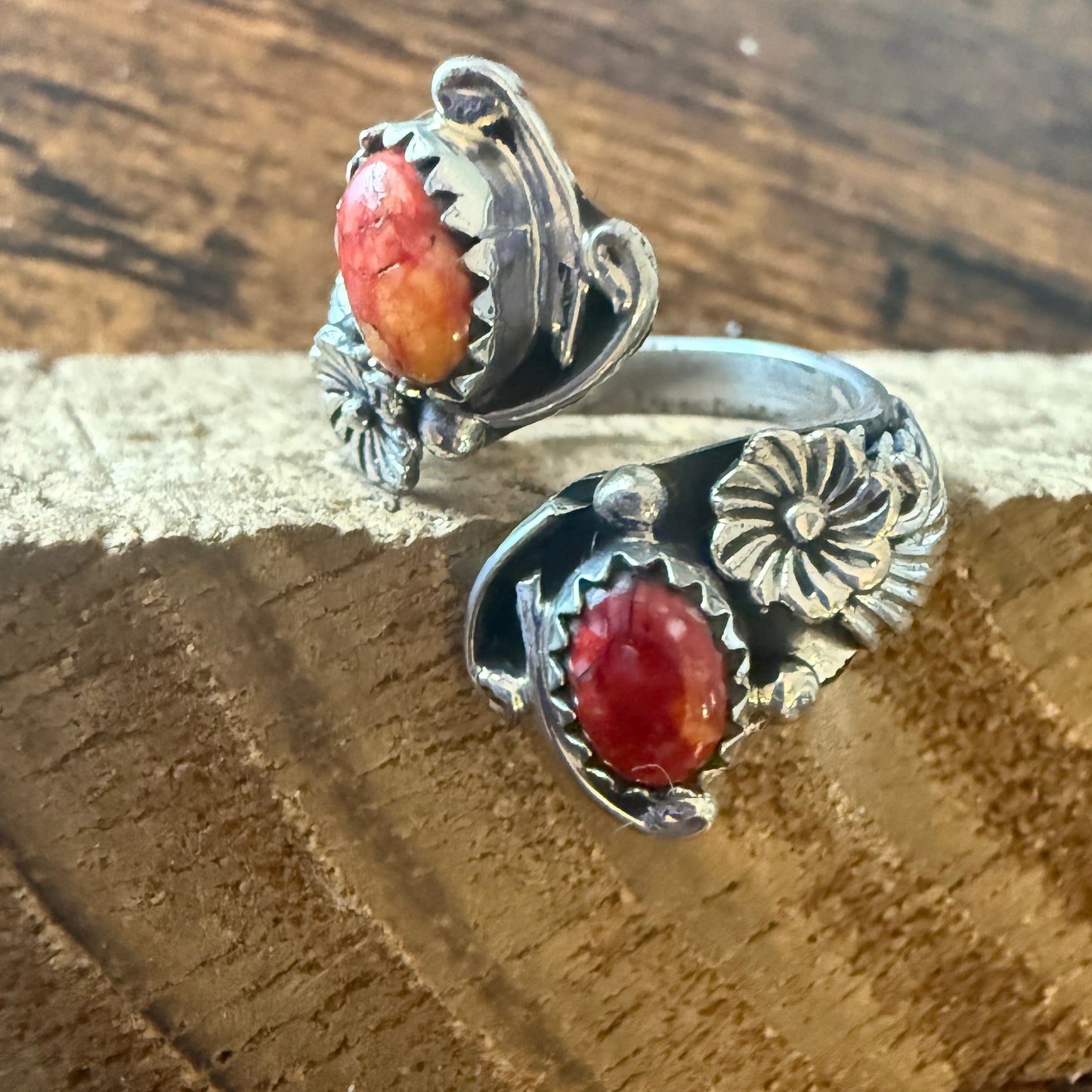 Native American Coral Spiny Oyster Sterling Silver Adjustable Ring By Belin