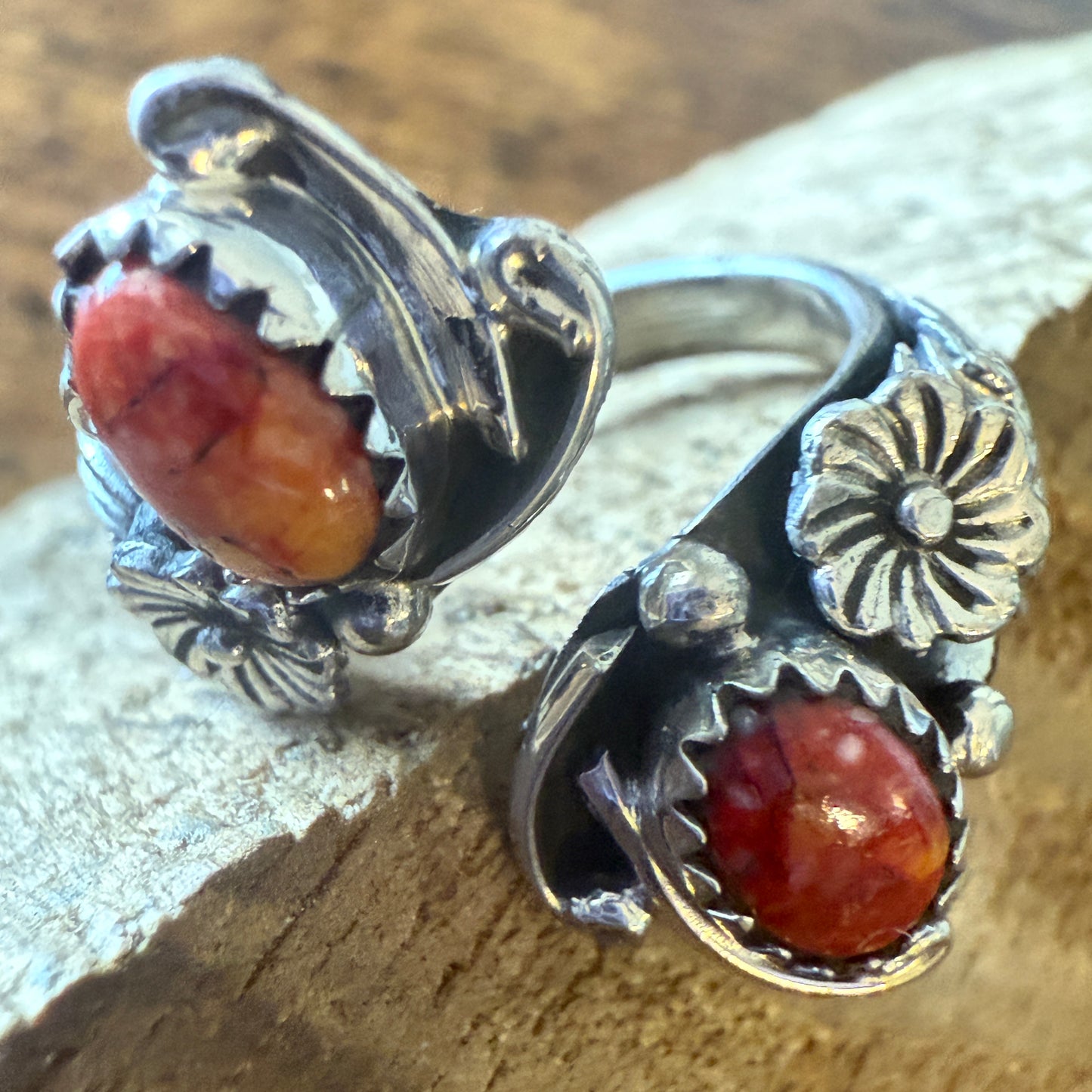 Native American Coral Spiny Oyster Sterling Silver Adjustable Ring By Belin