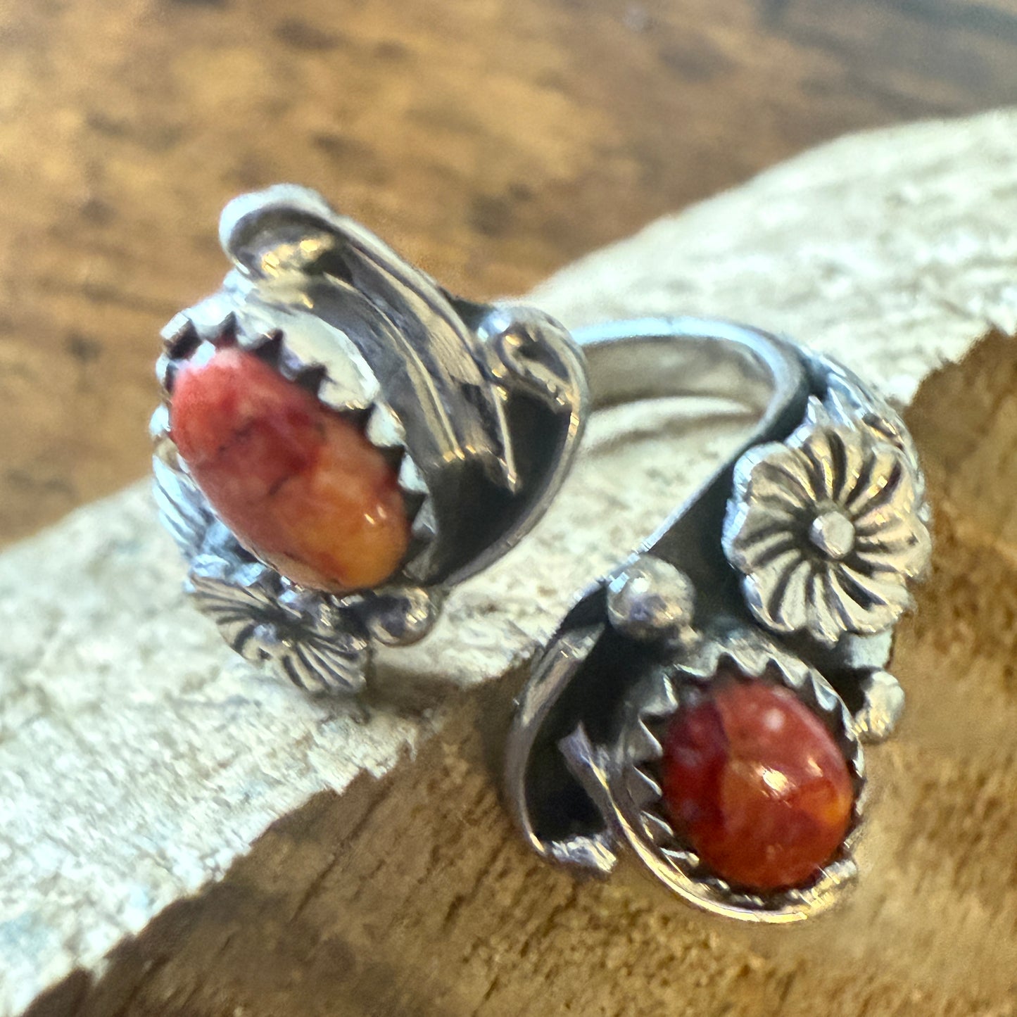 Native American Coral Spiny Oyster Sterling Silver Adjustable Ring By Belin