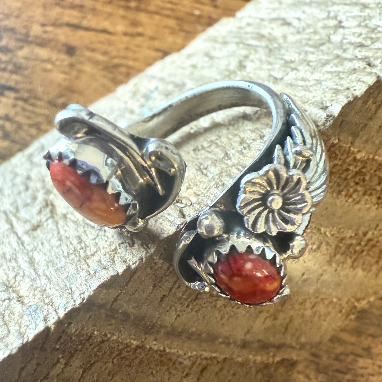 Native American Coral Spiny Oyster Sterling Silver Adjustable Ring By Belin
