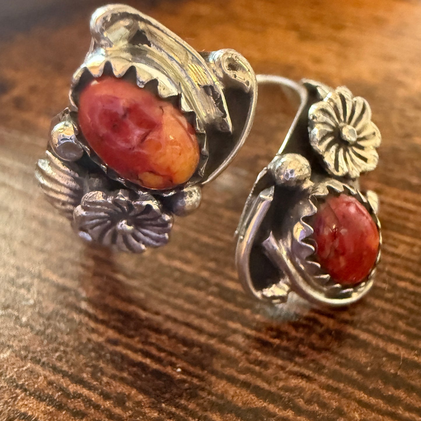 Native American Coral Spiny Oyster Sterling Silver Adjustable Ring By Belin