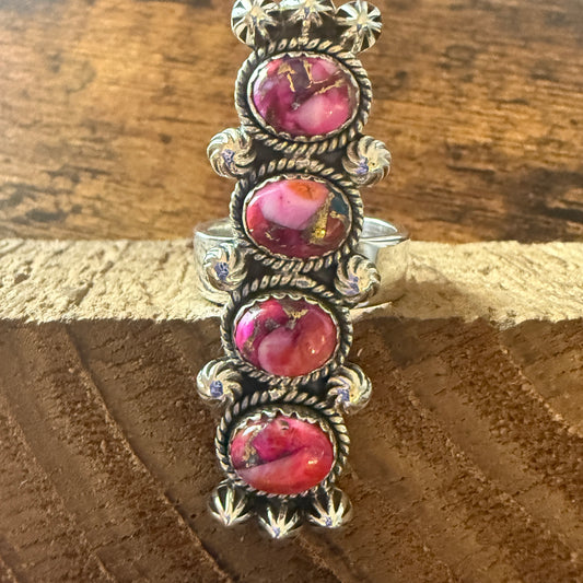 Kingman Pink Turquoise Statement Cuff Ring Handmade Sterling Silver Adjustable