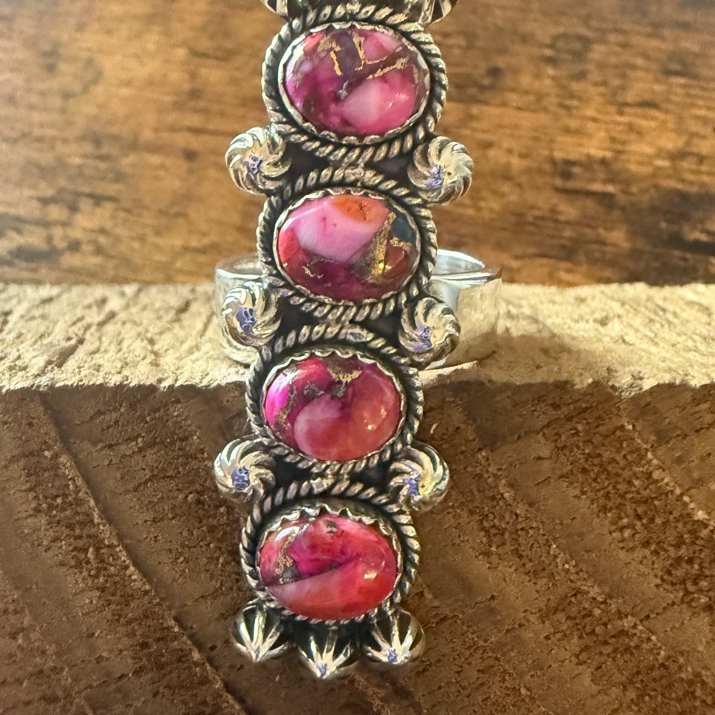 Kingman Pink Turquoise Statement Cuff Ring Handmade Sterling Silver Adjustable