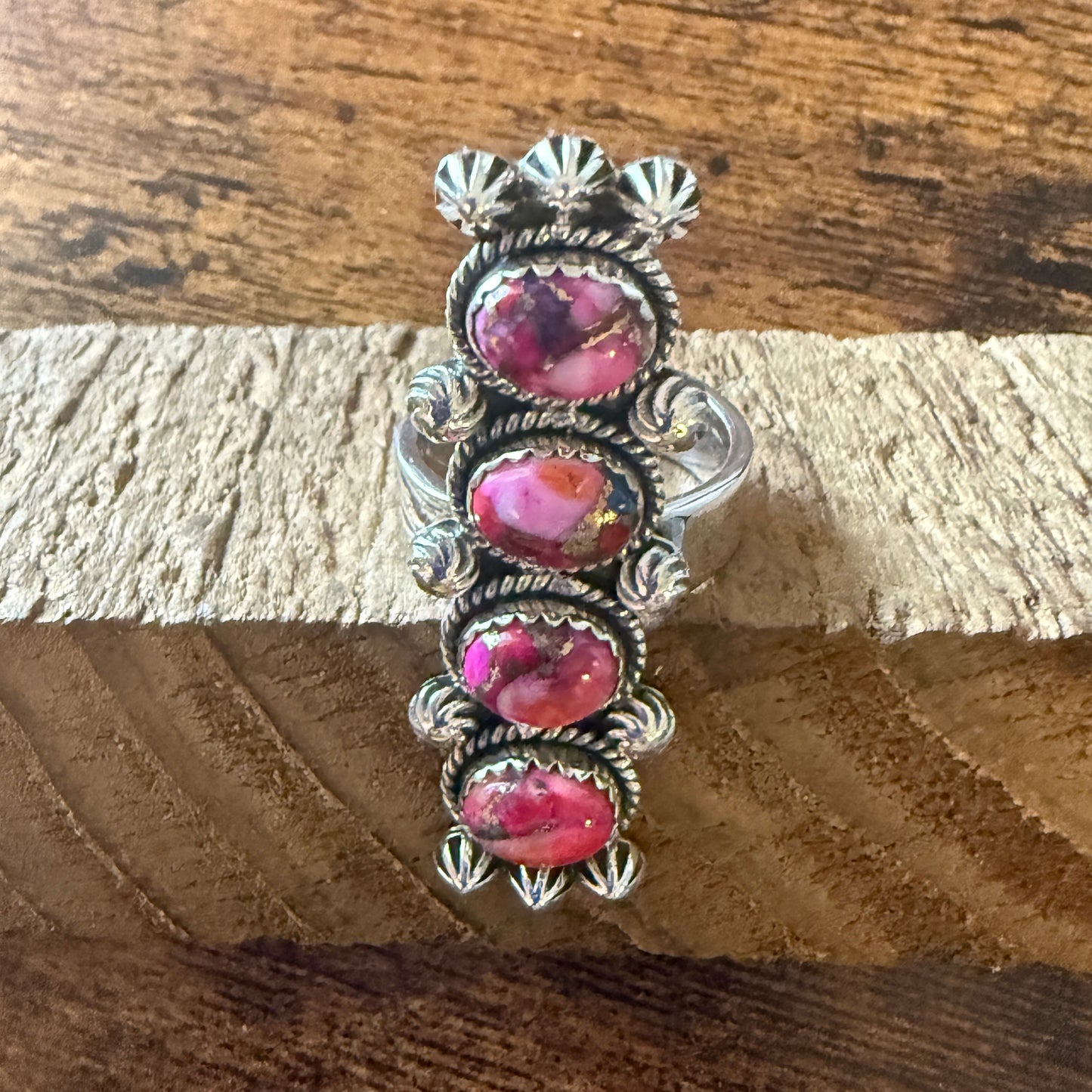 Kingman Pink Turquoise Statement Cuff Ring Handmade Sterling Silver Adjustable