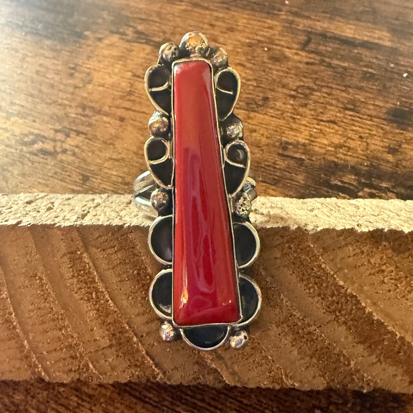 Native American Coral Gemstone Cuff Ring Nickel Silver Size 9 Signed By Cleveland