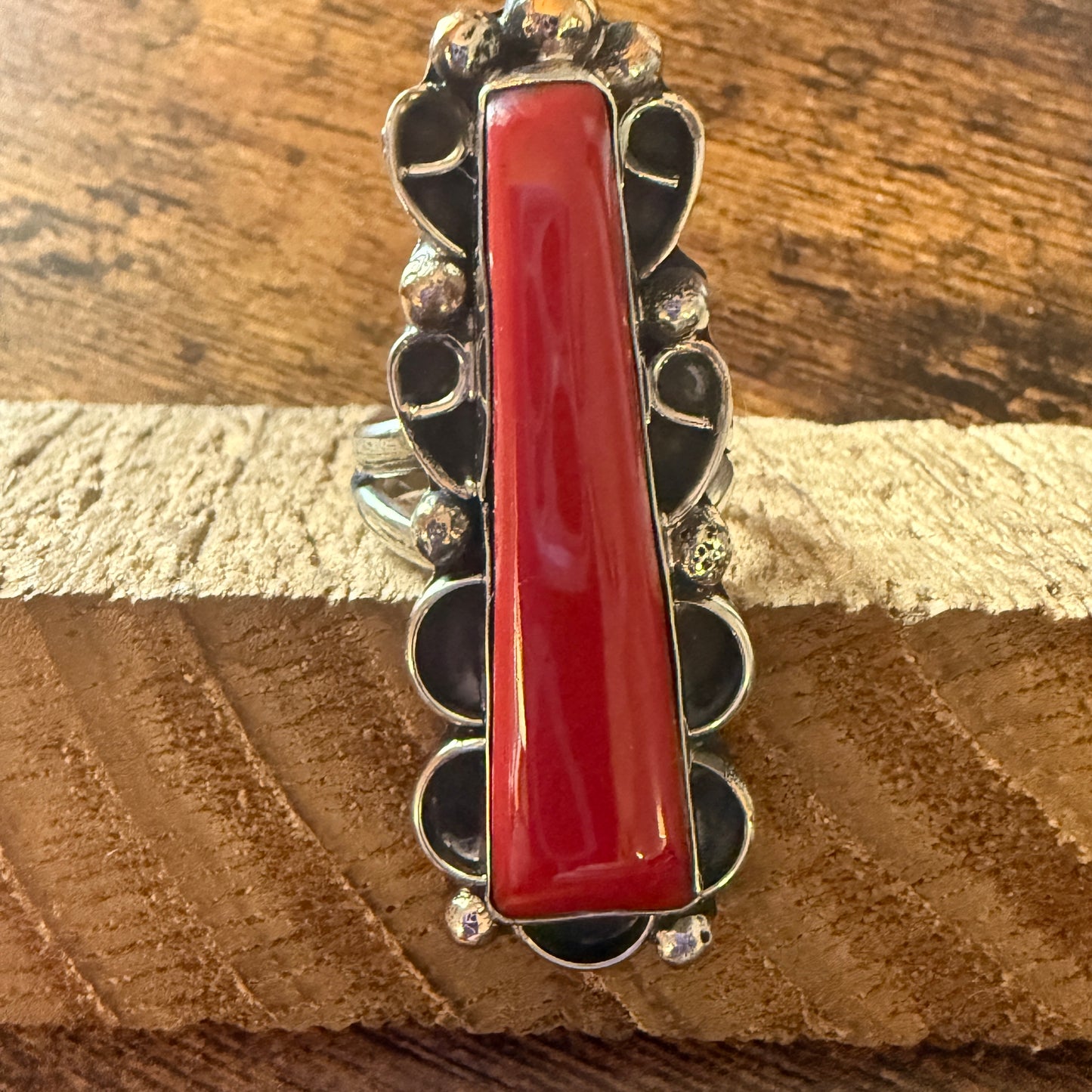 Native American Coral Gemstone Cuff Ring Nickel Silver Size 9 Signed By Cleveland