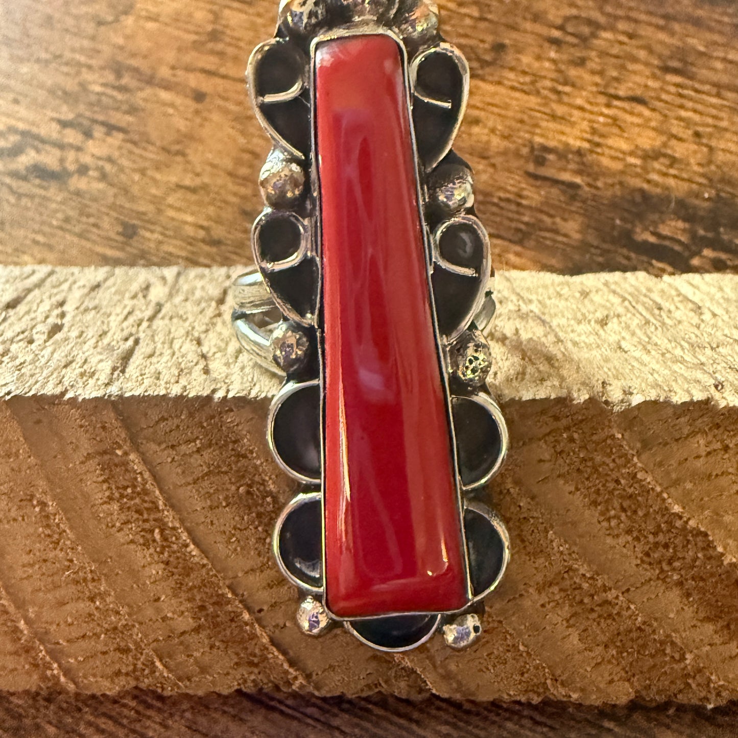 Native American Coral Gemstone Cuff Ring Nickel Silver Size 9 Signed By Cleveland
