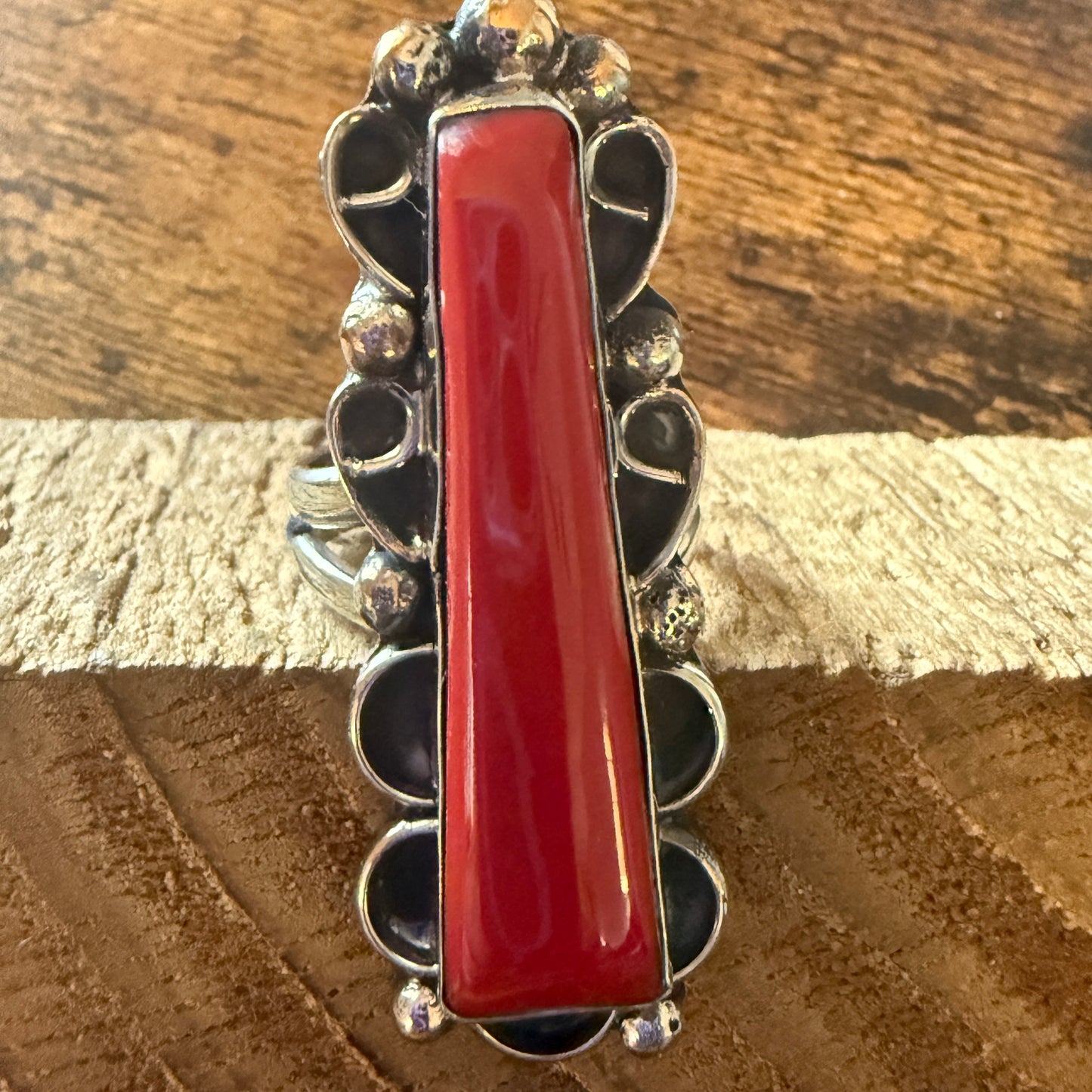 Native American Coral Gemstone Cuff Ring Nickel Silver Size 9 Signed By Cleveland