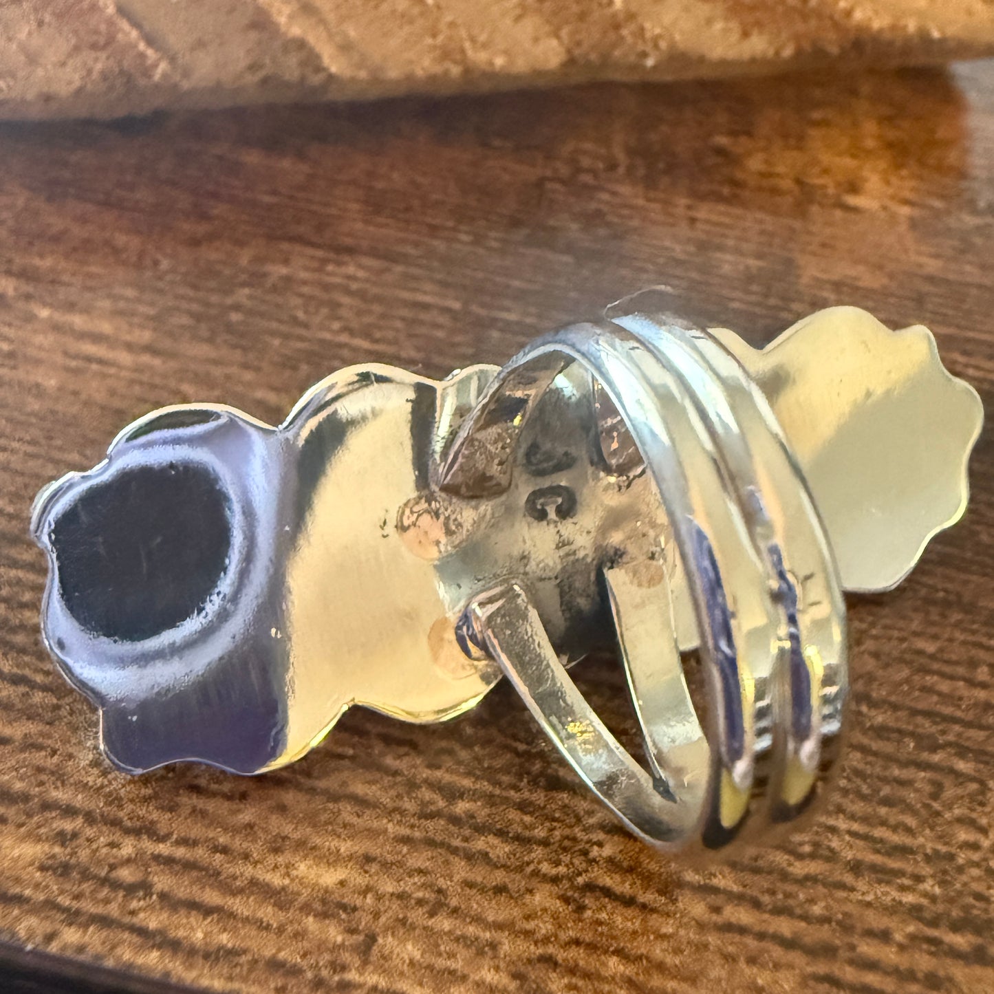 Native American Coral Gemstone Cuff Ring Nickel Silver Size 9 Signed By Cleveland