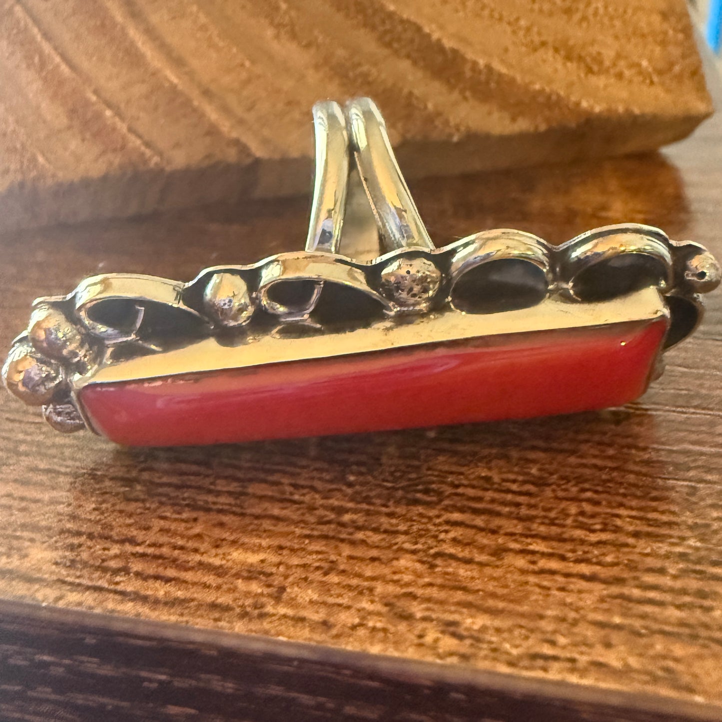 Native American Coral Gemstone Cuff Ring Nickel Silver Size 9 Signed By Cleveland