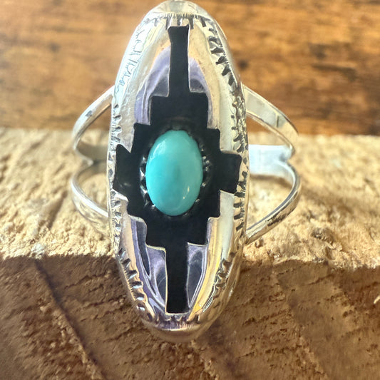 Native American Sterling Silver Turquoise Shadow Box Ring, Size 8, Signed by Perry