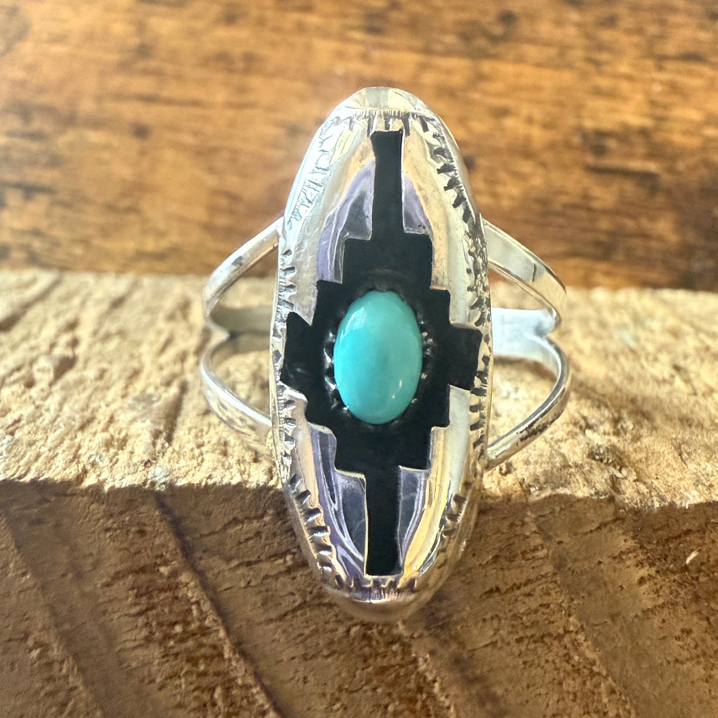 Native American Sterling Silver Turquoise Shadow Box Ring, Size 8, Signed by Perry