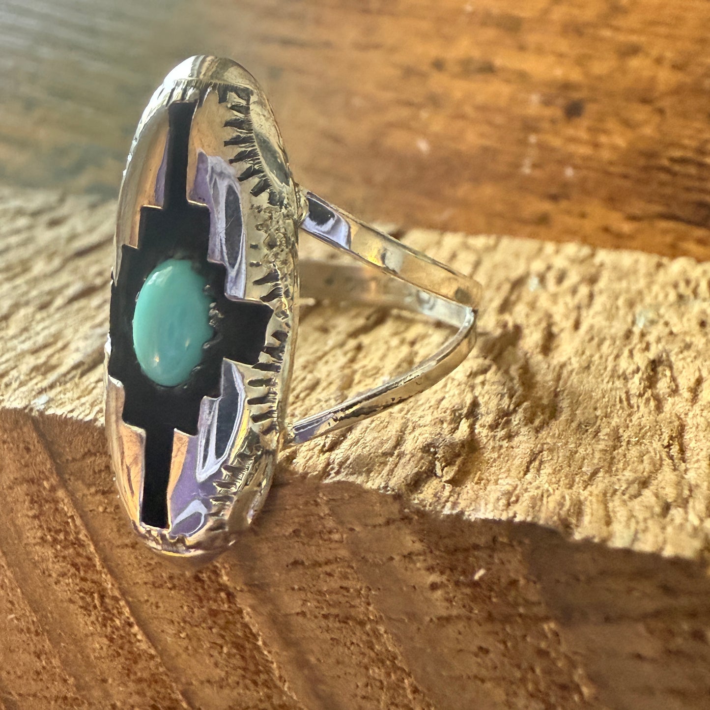 Native American Sterling Silver Turquoise Shadow Box Ring, Size 8, Signed by Perry