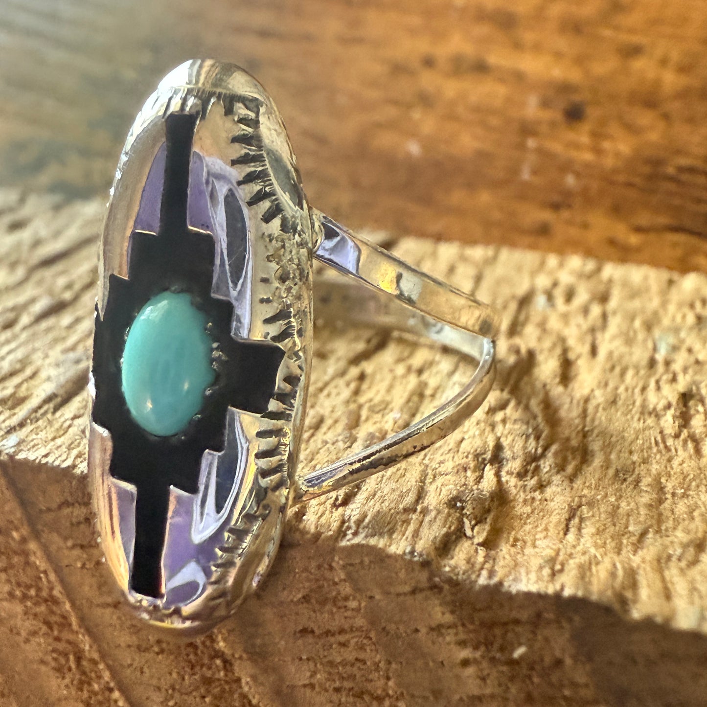 Native American Sterling Silver Turquoise Shadow Box Ring, Size 8, Signed by Perry