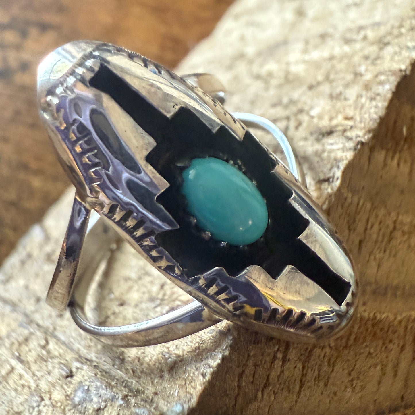 Native American Sterling Silver Turquoise Shadow Box Ring, Size 8, Signed by Perry