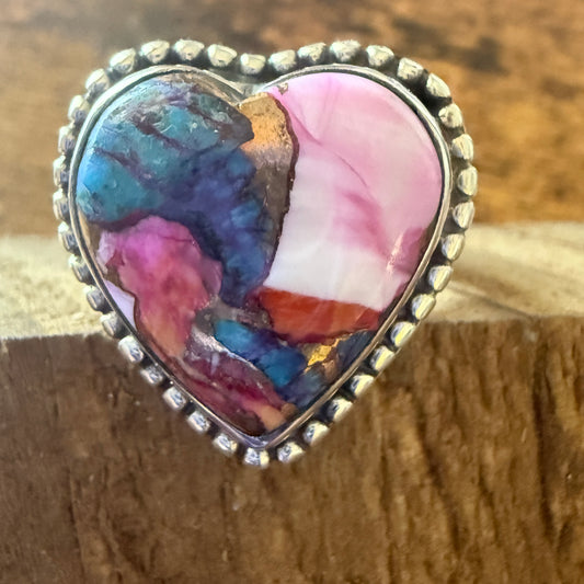 Heart Shape Pink Dahlia Ring, Size 7,  In Copper Turquoise Sterling Silver Split Shank,