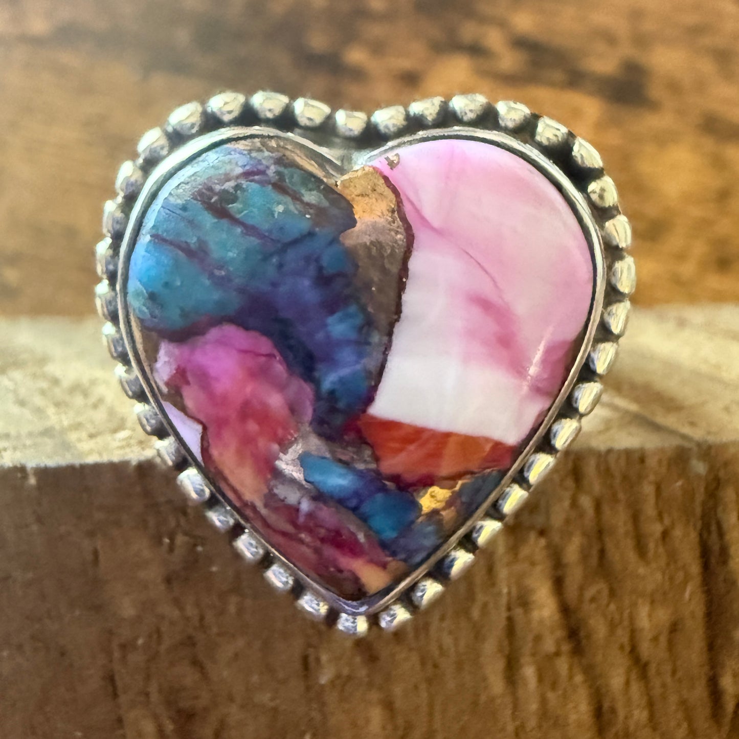 Heart Shape Pink Dahlia Ring, Size 7,  In Copper Turquoise Sterling Silver Split Shank,