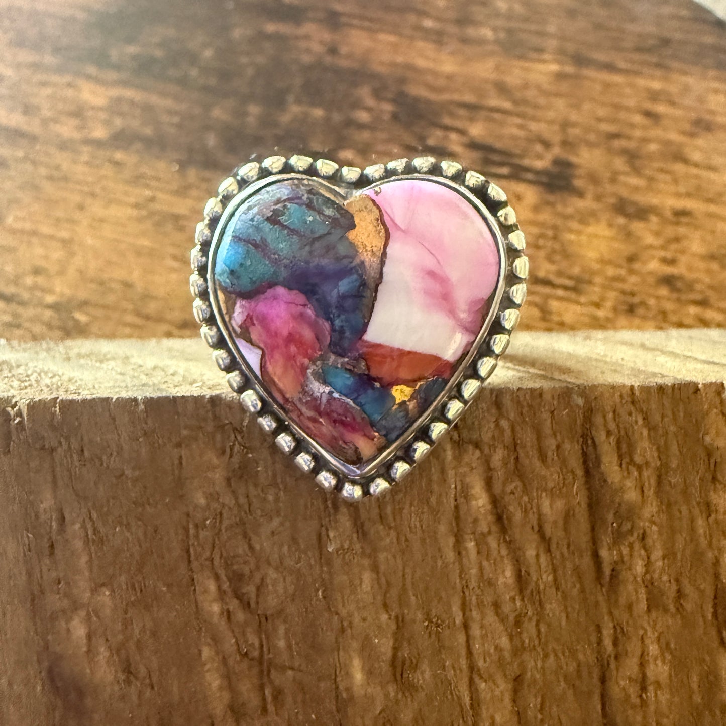 Heart Shape Pink Dahlia Ring, Size 7,  In Copper Turquoise Sterling Silver Split Shank,