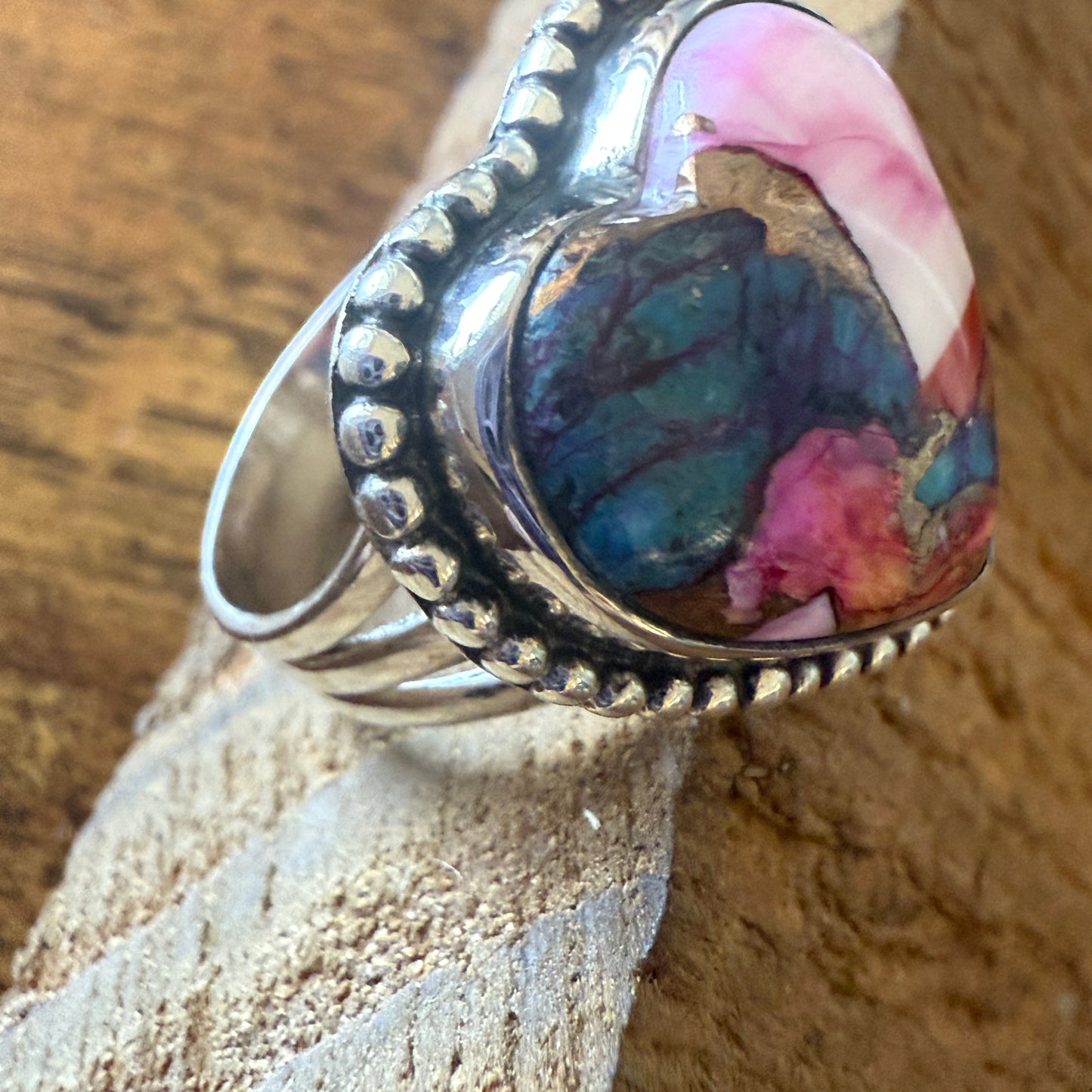 Heart Shape Pink Dahlia Ring, Size 7,  In Copper Turquoise Sterling Silver Split Shank,