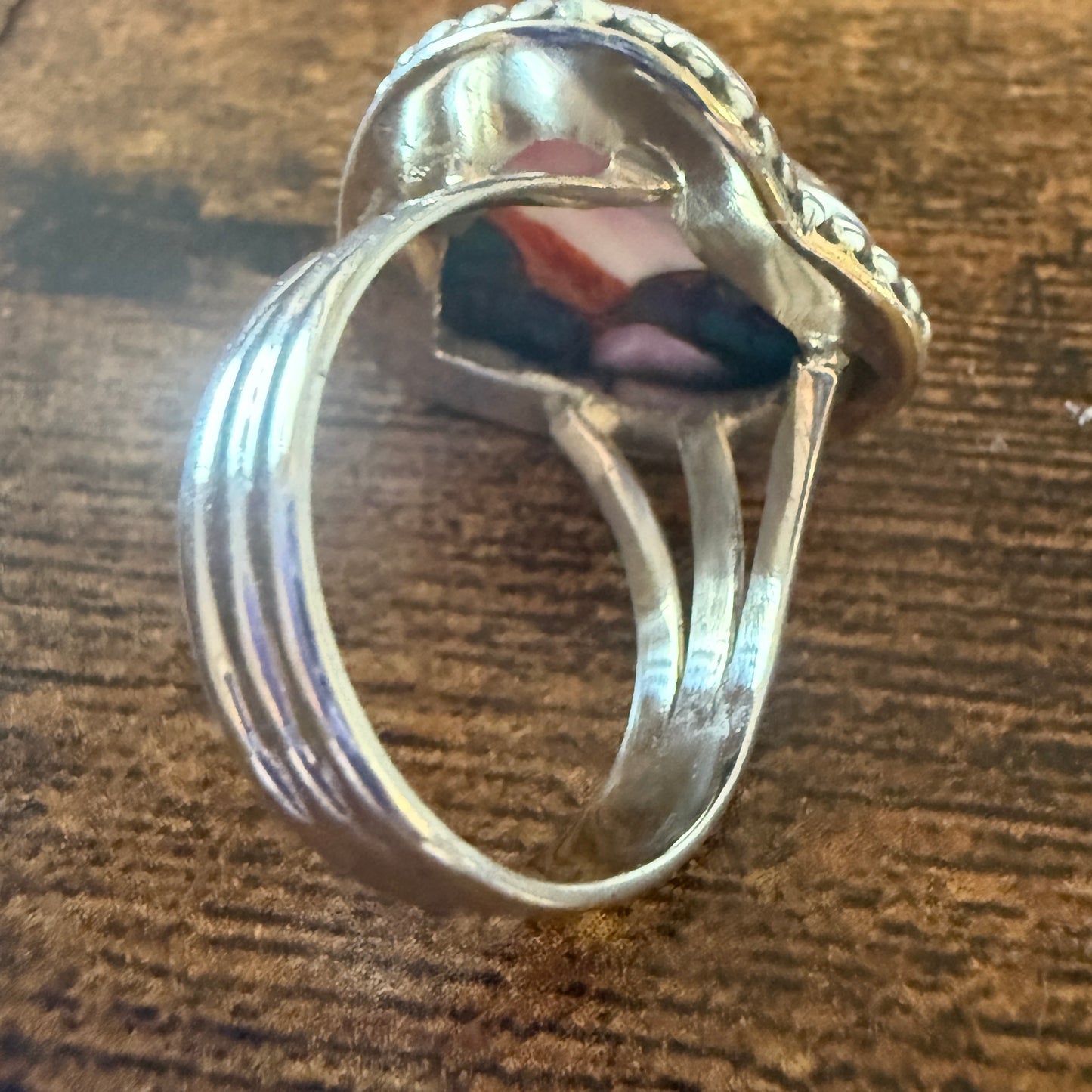 Heart Shape Pink Dahlia Ring, Size 7,  In Copper Turquoise Sterling Silver Split Shank,