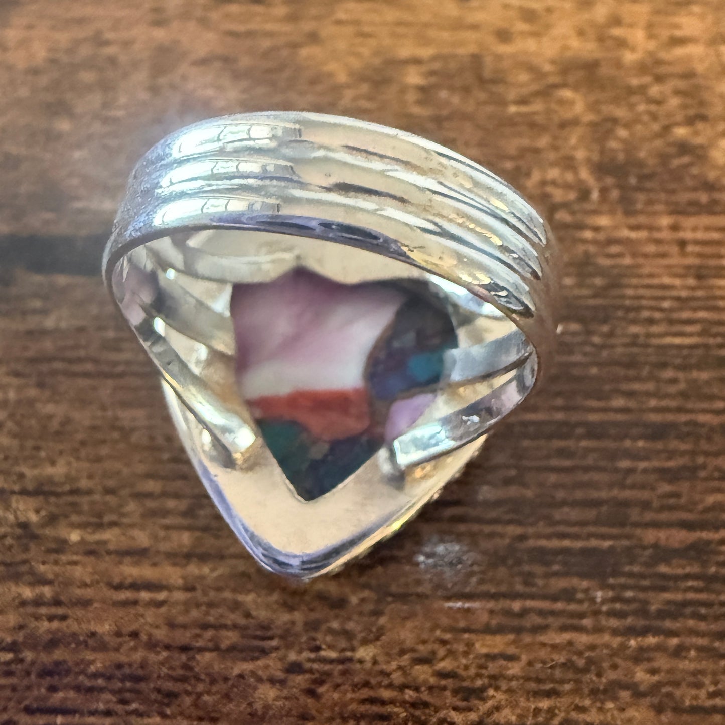 Heart Shape Pink Dahlia Ring, Size 7,  In Copper Turquoise Sterling Silver Split Shank,