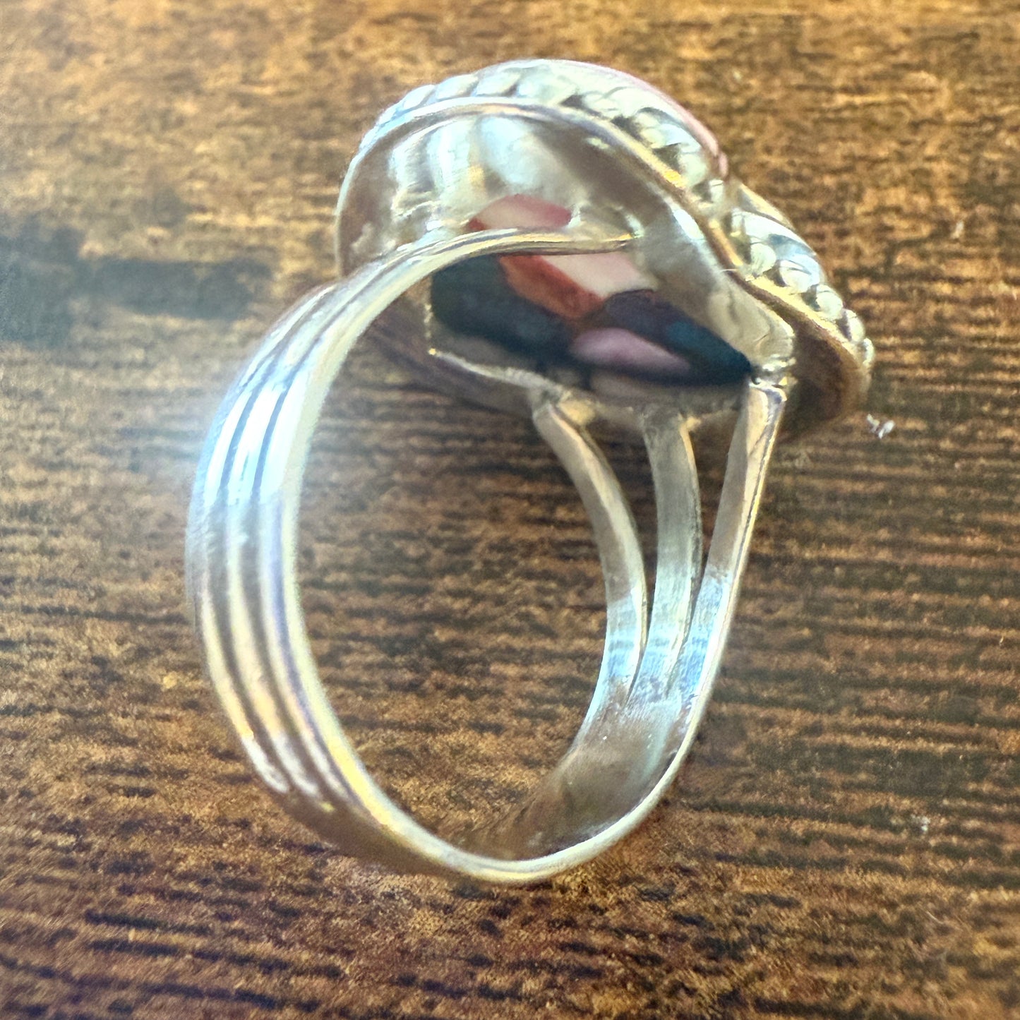 Heart Shape Pink Dahlia Ring, Size 7,  In Copper Turquoise Sterling Silver Split Shank,