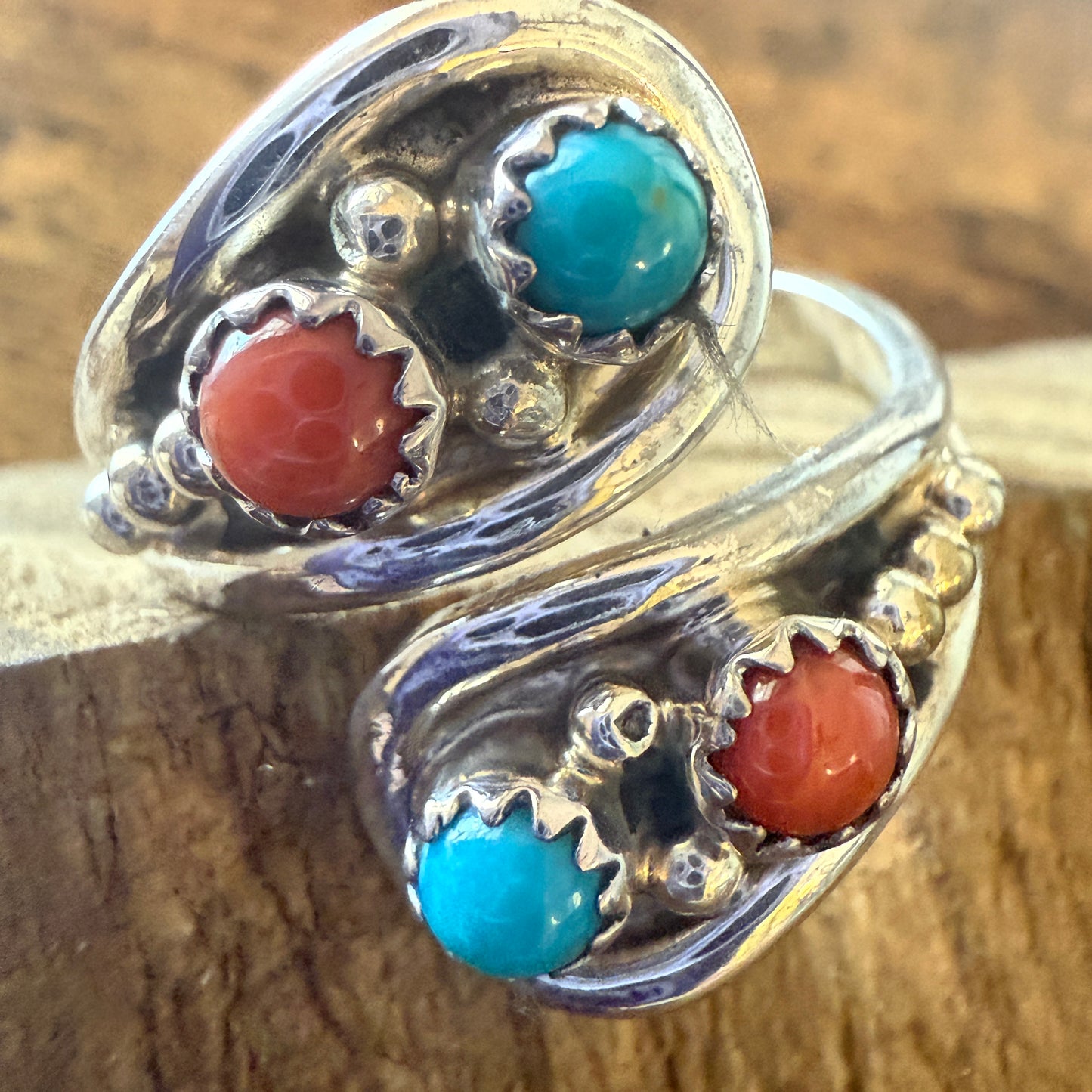Native American Coral Turquoise Gemstone Adjustable Ring by Belin