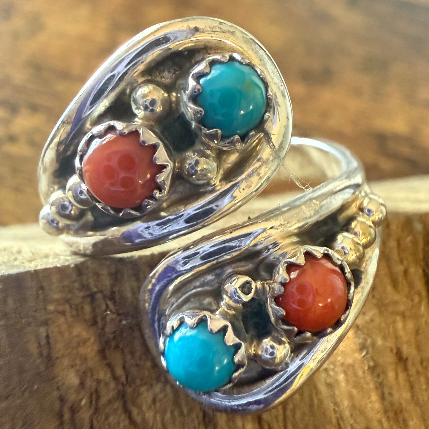 Native American Coral Turquoise Gemstone Adjustable Ring by Belin
