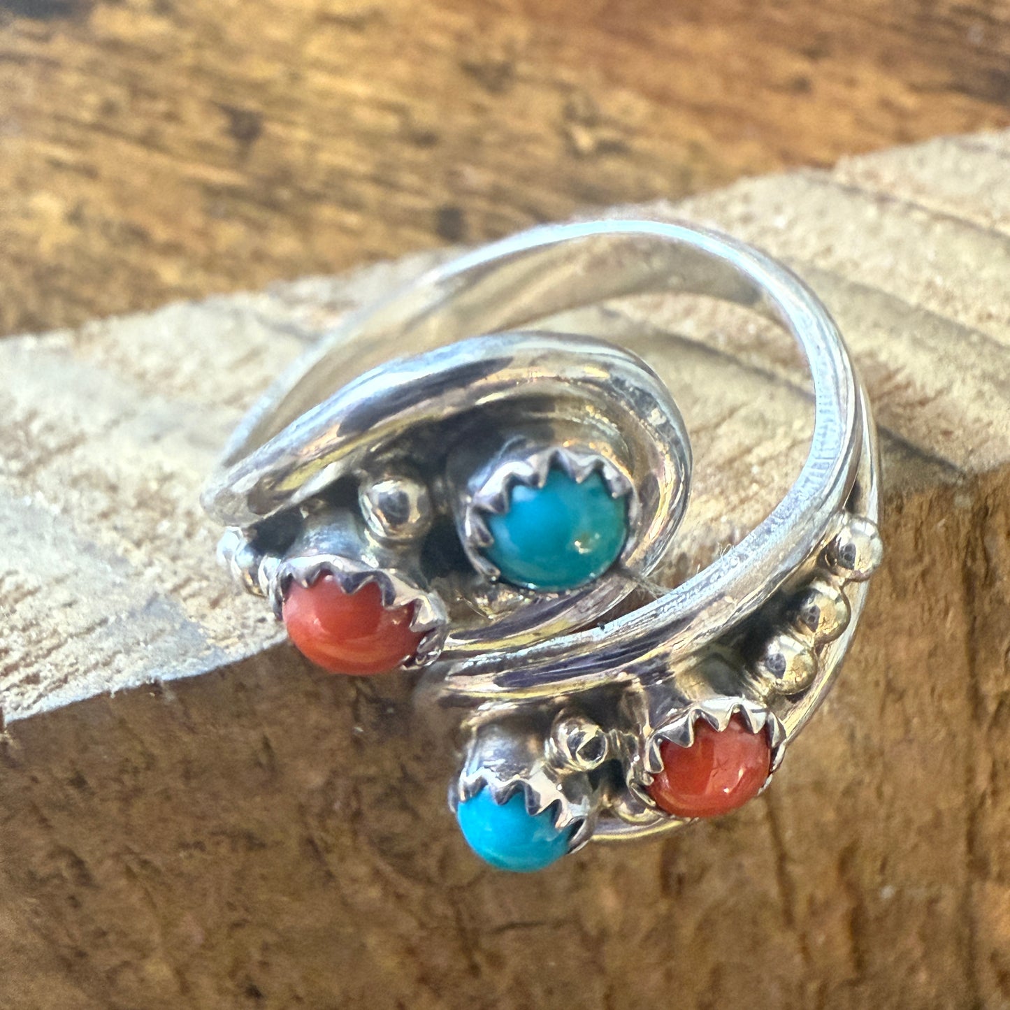 Native American Coral Turquoise Gemstone Adjustable Ring by Belin