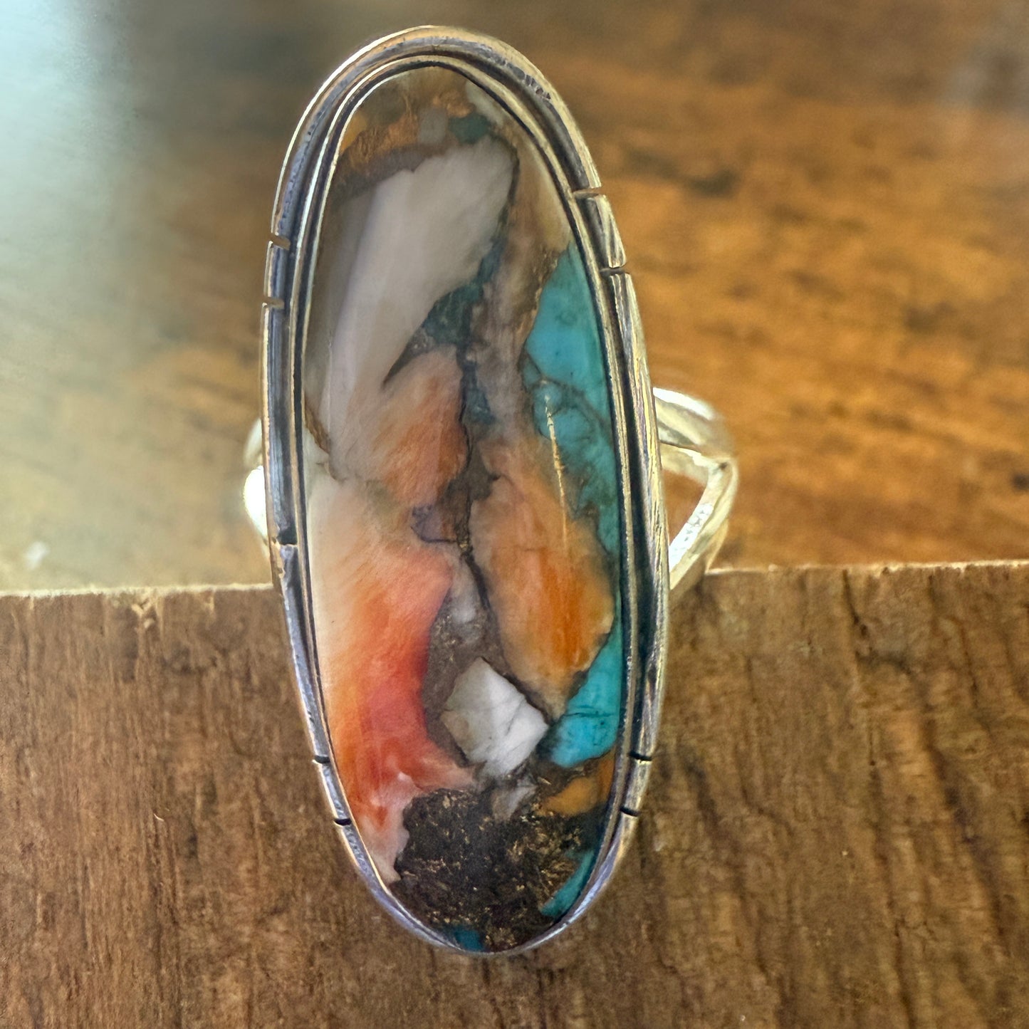 Oyster Copper Turquoise 925 Sterling Silver Cuff Ring Size 7